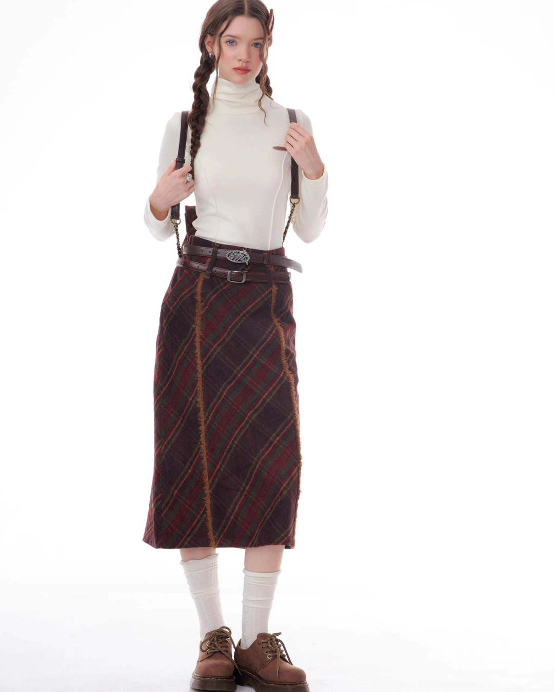 Slim Dark Red Plaid Skirt ZZF0341