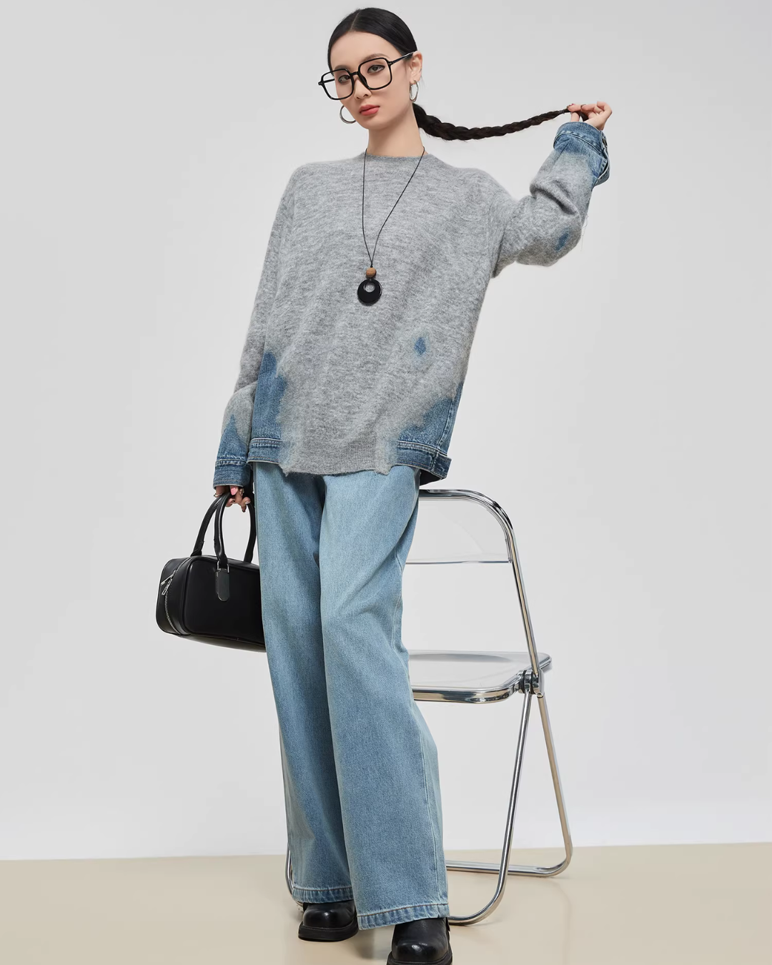 Denim Patchwork Crew Neck Top FER0056