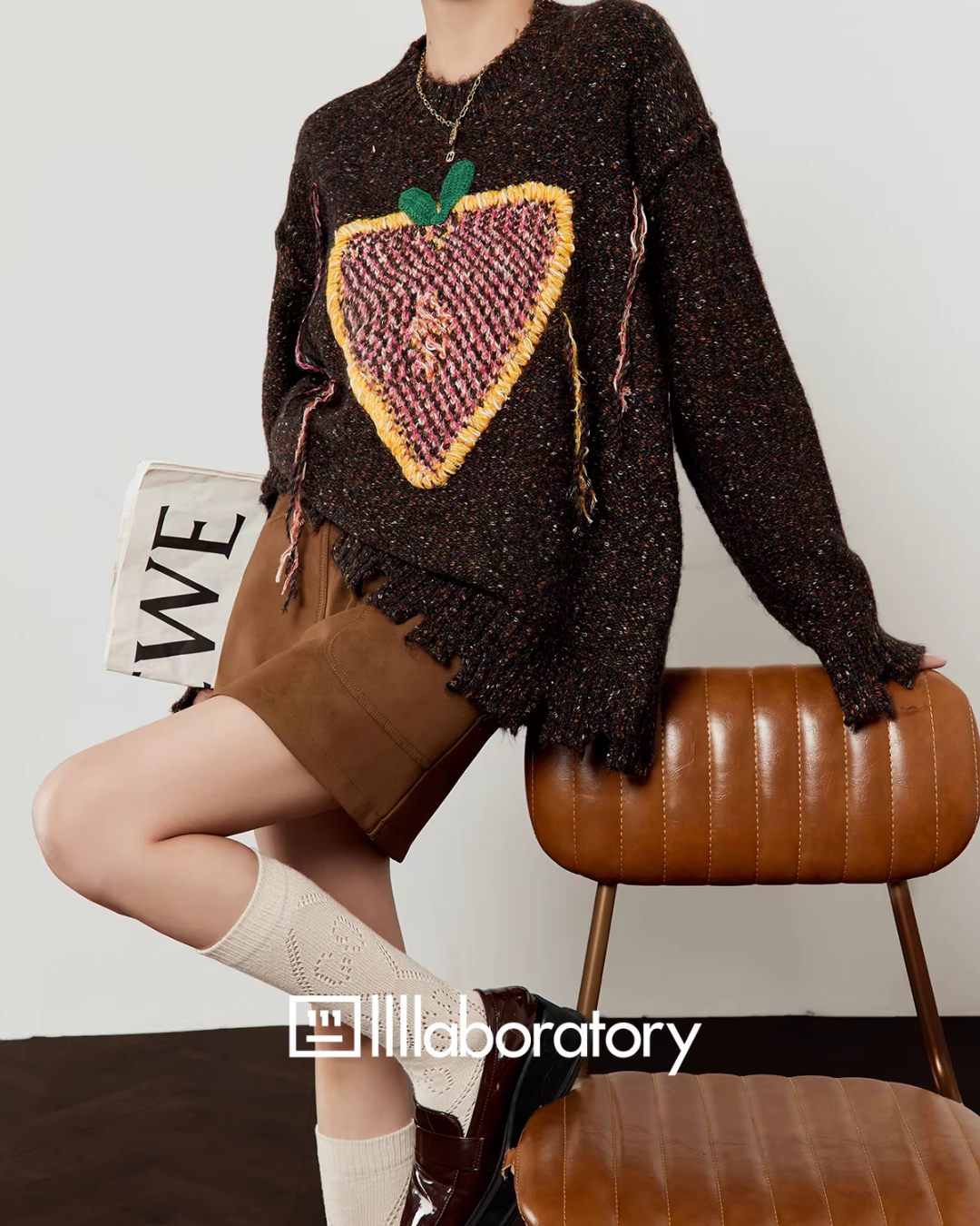 Strawberry Round Neck Knit Top / Brown Mini Skirt LLA0618