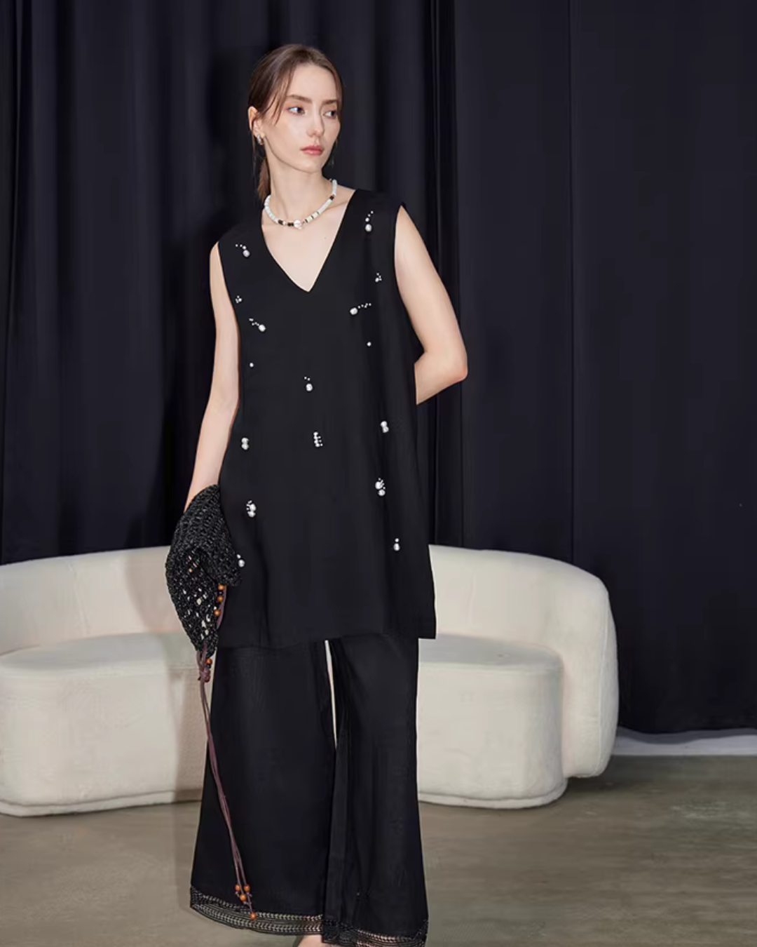 V-Neck Linen Sleeveless / Straight Linen Wide Pants TEO0012