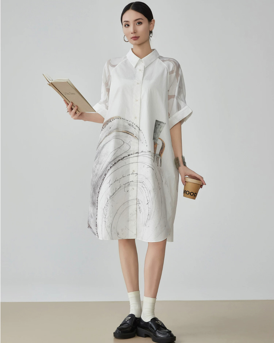Hand-Drawn Art Print Shirt Dress FER0179