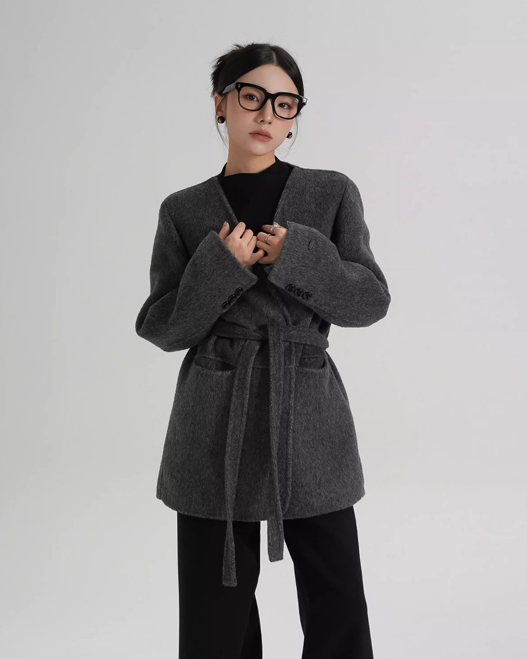 Collarless Wool Coat with Choker SRS0393