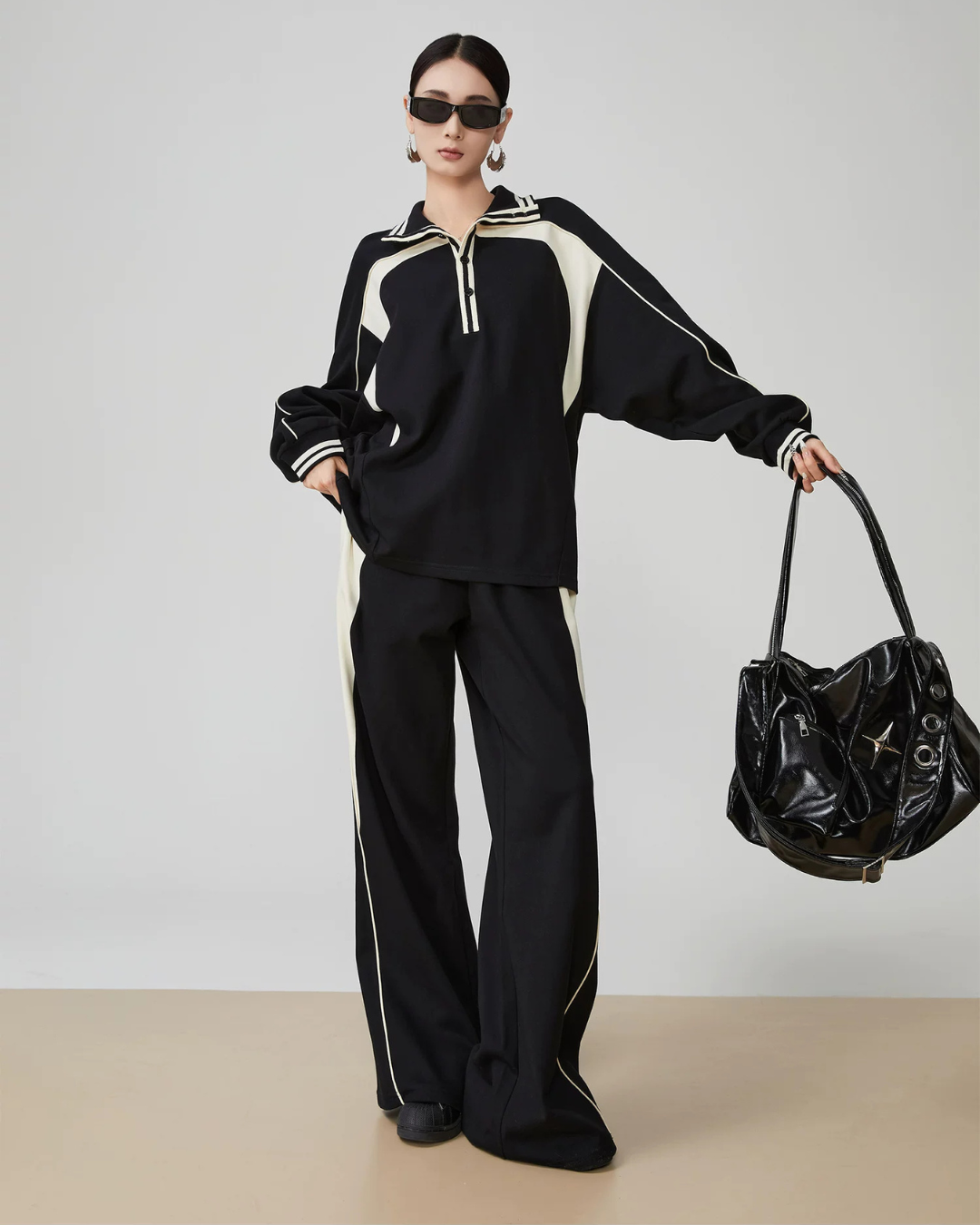 Color-Contrast Collared Long-Sleeve / Casual Wide Pants  FER0378