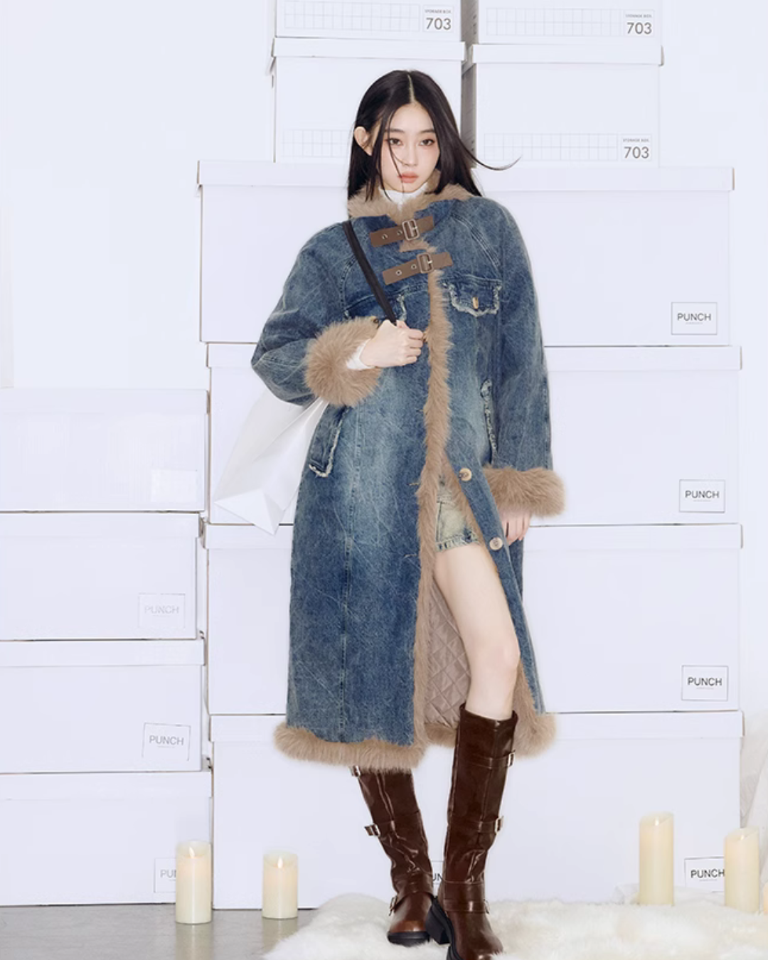 Inner Fur Denim Long Coat PUC0004