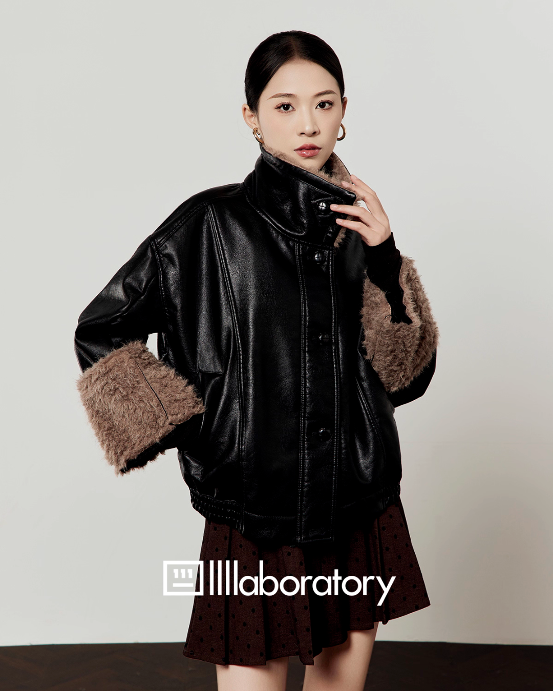 Boa Collar Leather Jacket / Pleated Mini Skirt  LLA0573