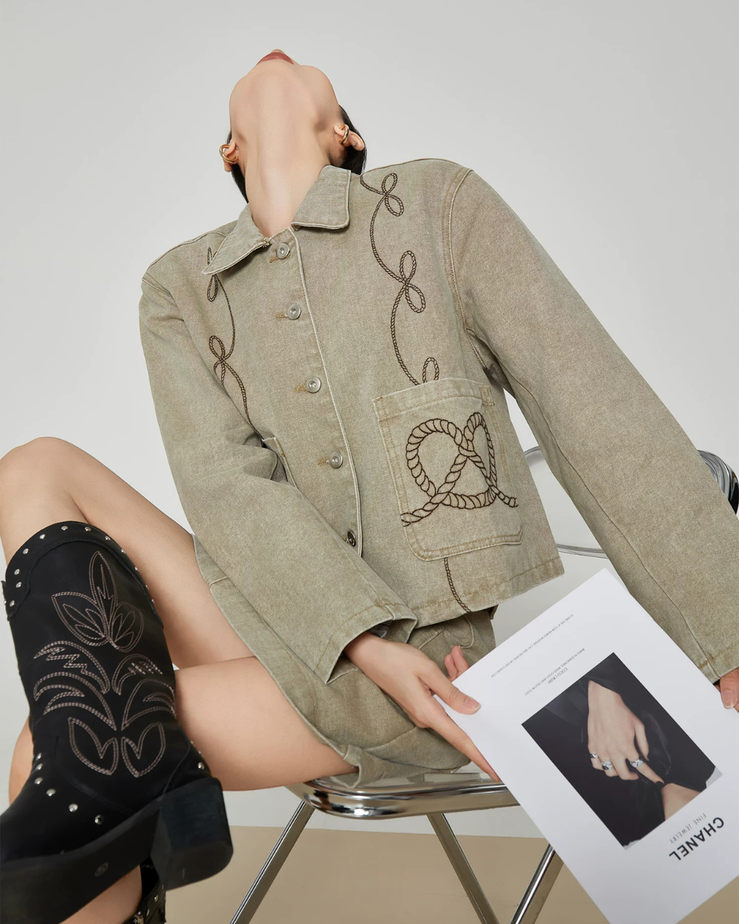 Retro Rope Embroidered Jacket / Mini Skirt FER0391