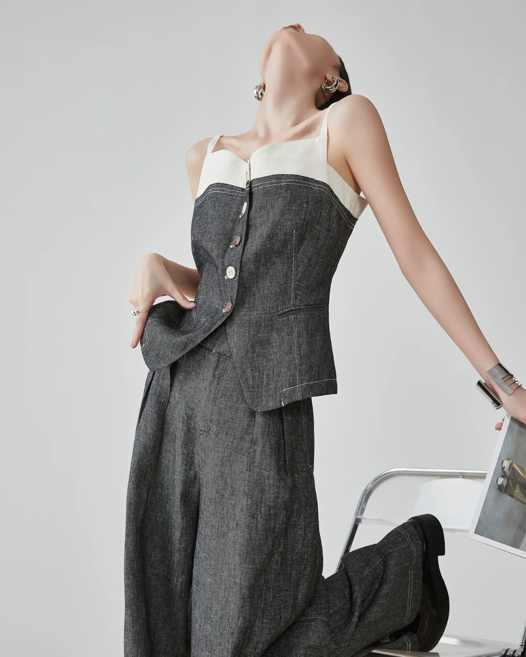 Front Button Bicolor Bustier / Wide Long Pants FER0272