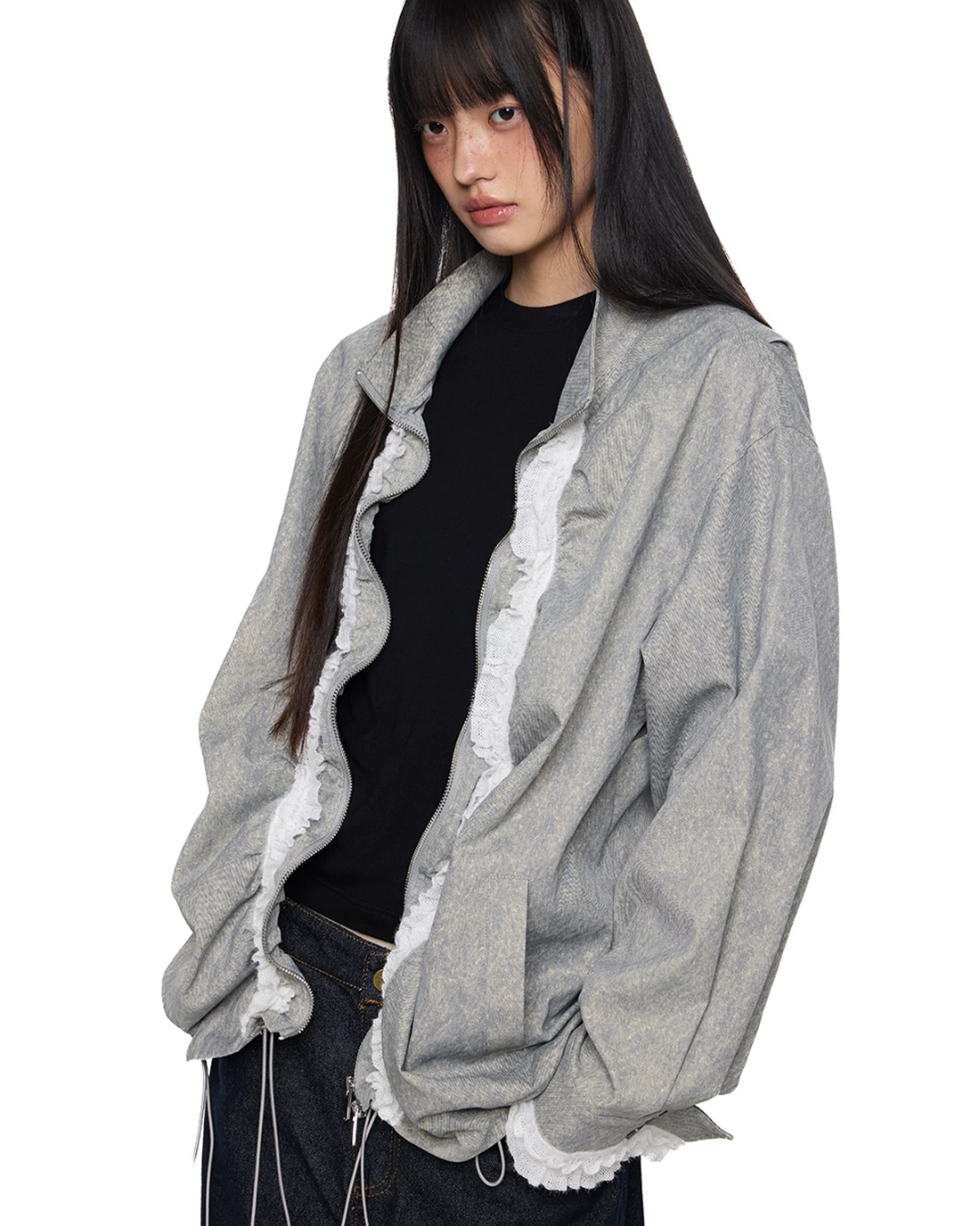 Drawstring Stand Collar Lace Jacket EZK0105