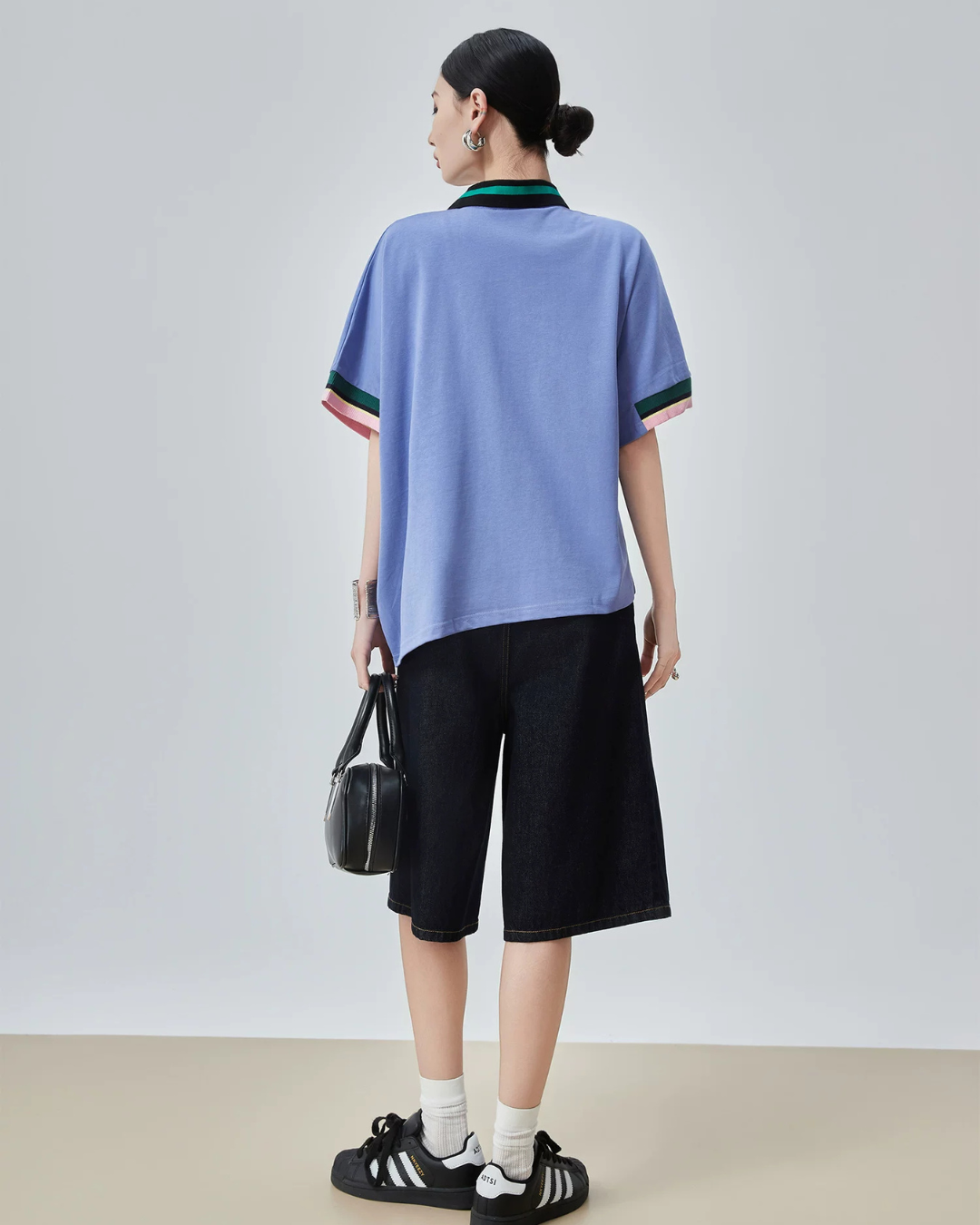 Color-Block Rib Asymmetric Neck T-shirt FER0245