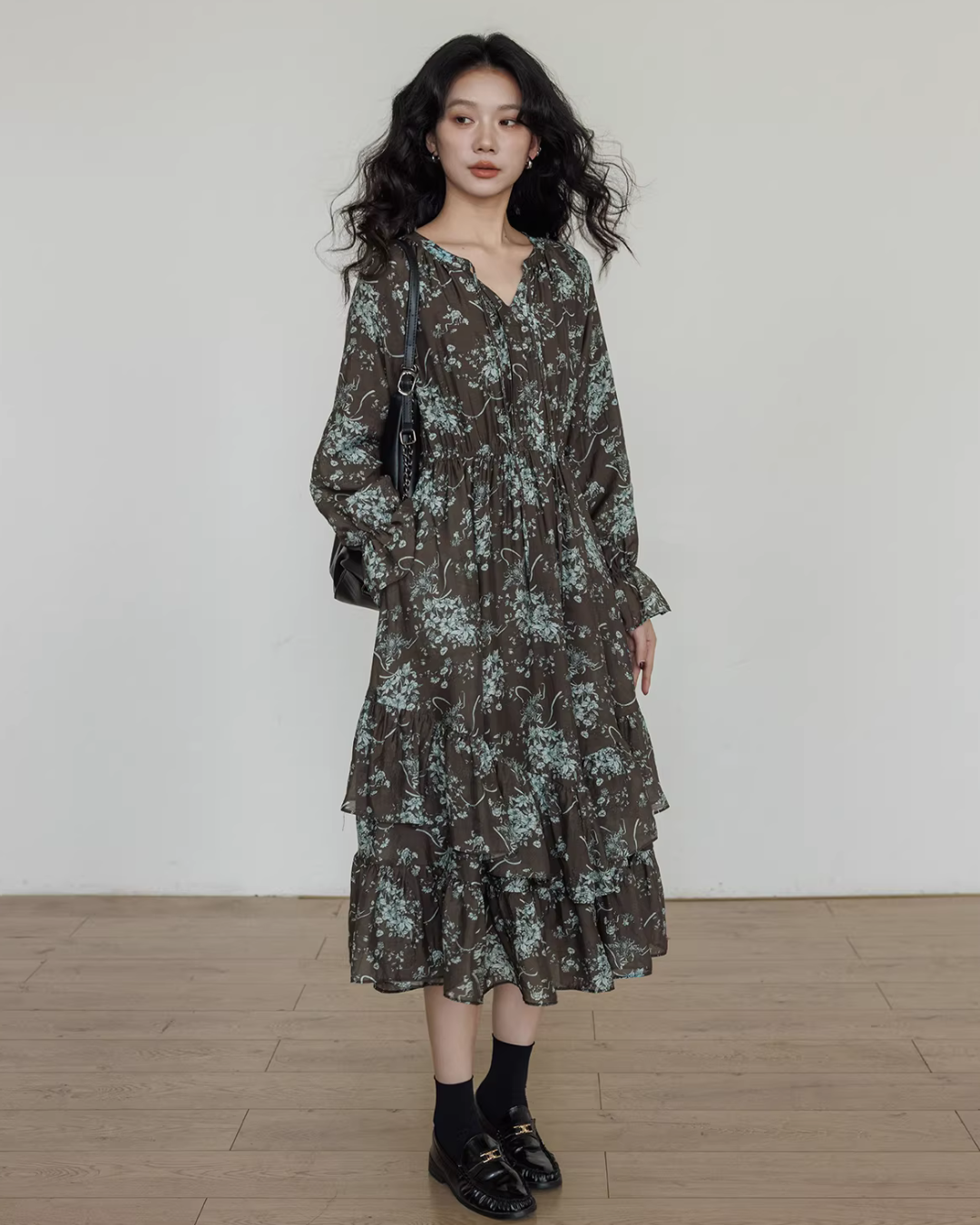 V-Neck Floral Vintage Shirt Dress VAS0192