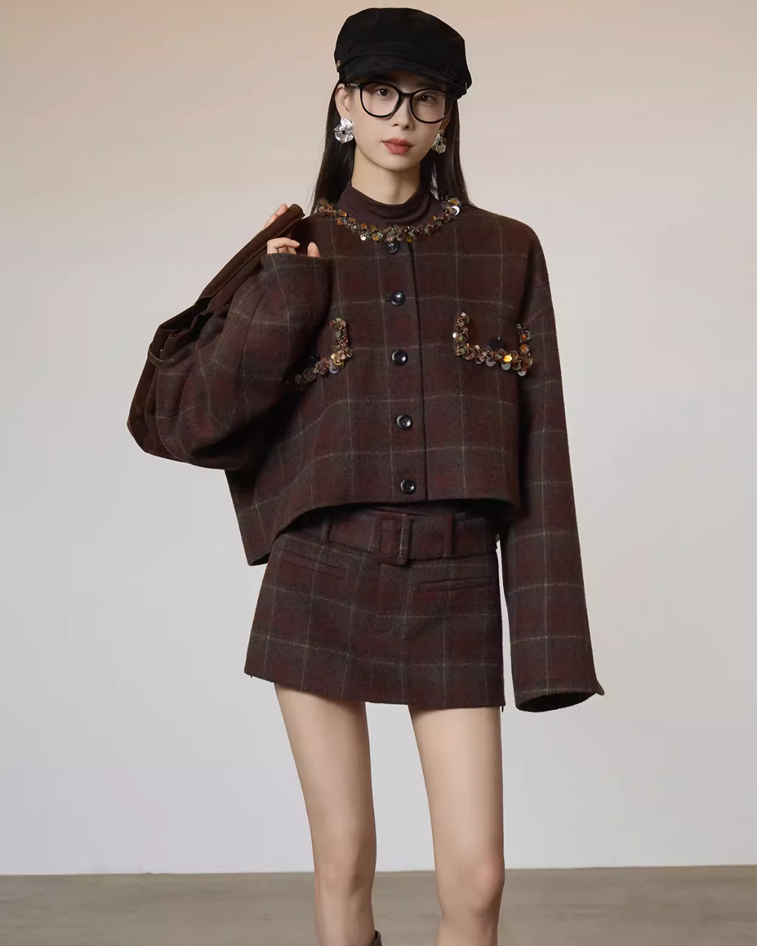 Retro Plaid Collarless Jacket / Mini Skirt SUY0019