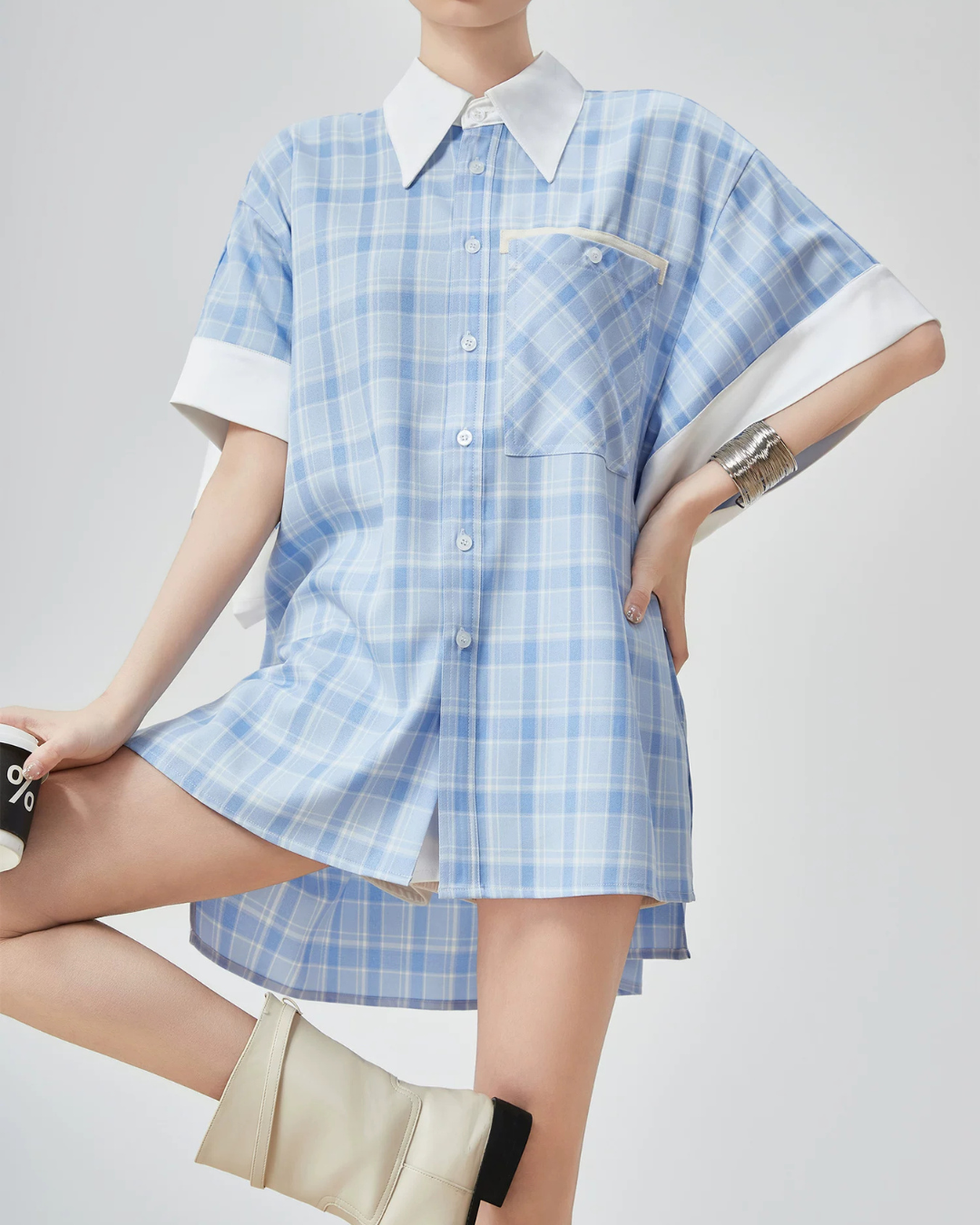 Plaid Patchwork Short-Sleeve Shirt FER0178