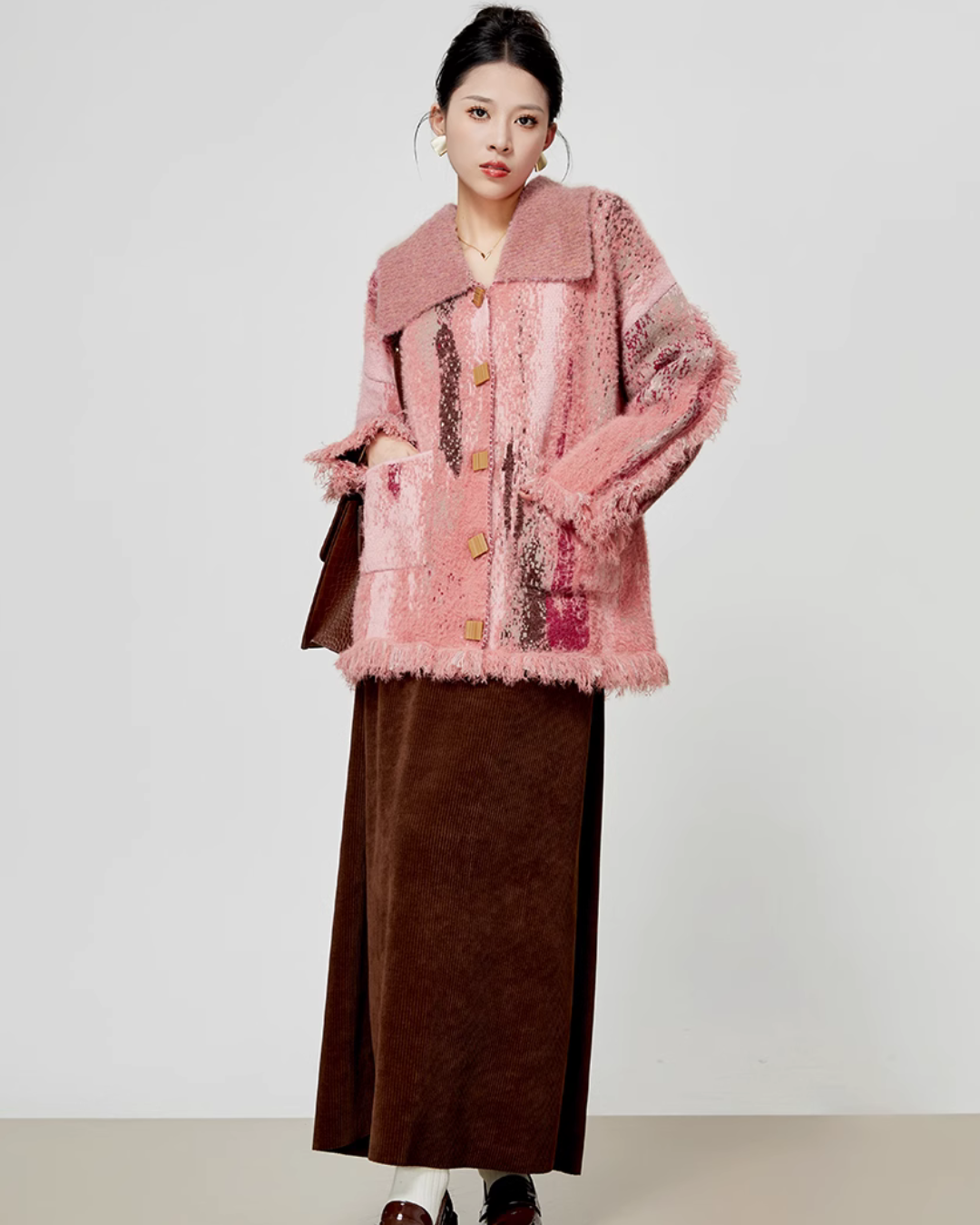 Pink Big Lapel Sweater Cardigan / Corduroy Long Skirt LLA0347