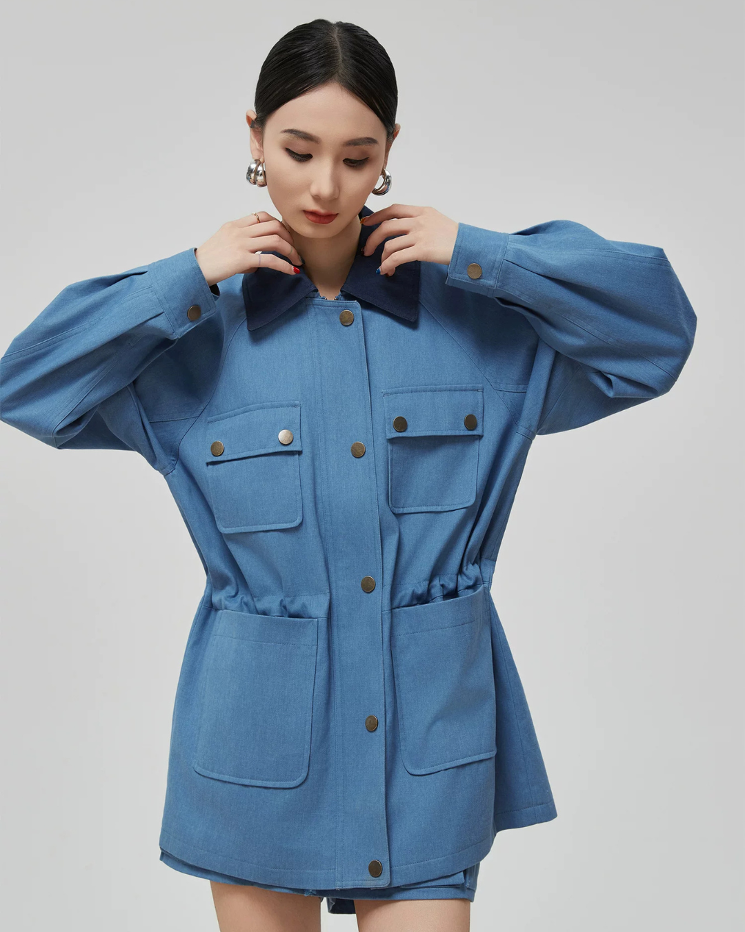 Blue Turn Collar Jacket / Work Skirt FER0376