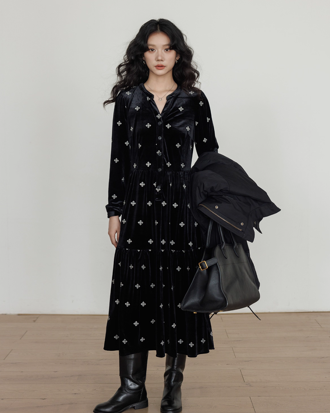 V-Neck Velvet Long Dress VAS0177