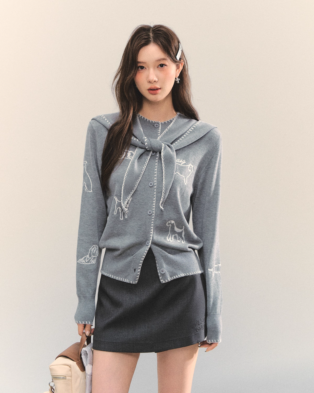 Dog Embroidery Round Neck Knit Cardigan ASG0070