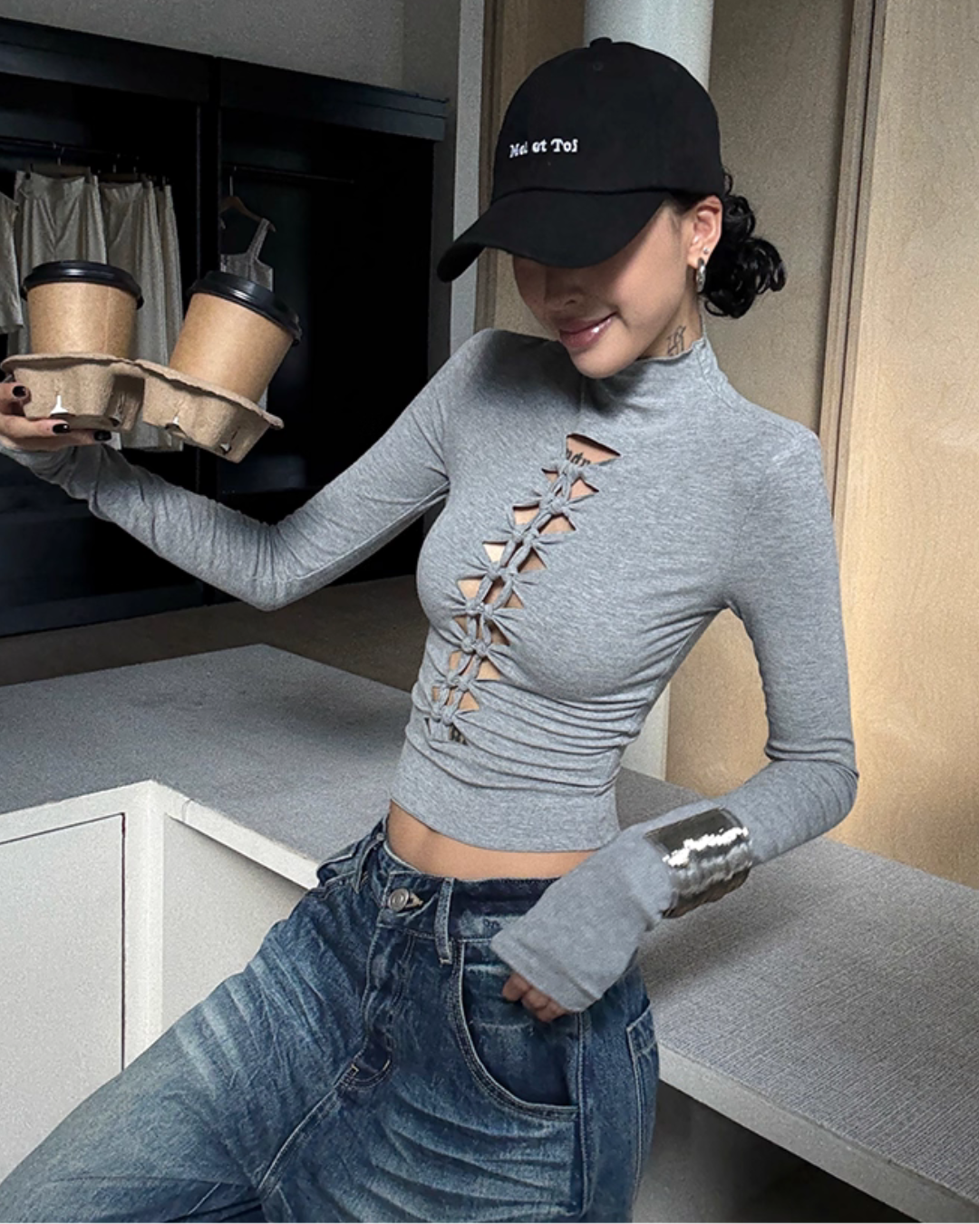 High Neck Ripped Design T-Shirt  ZRS0085