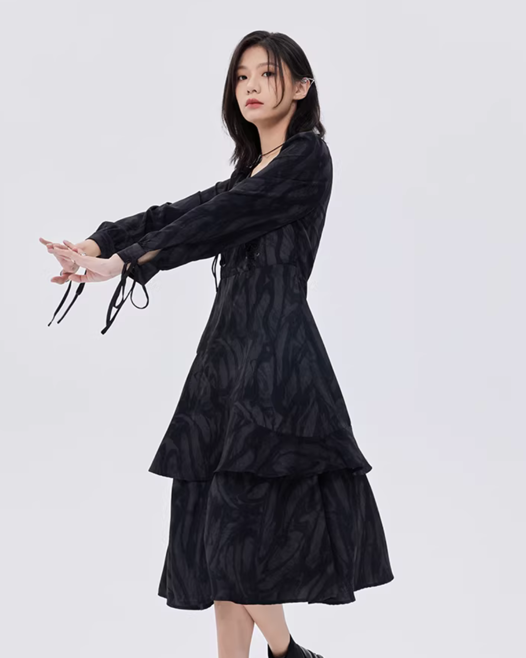 Marble Mid-Length Black Dress SHN0051