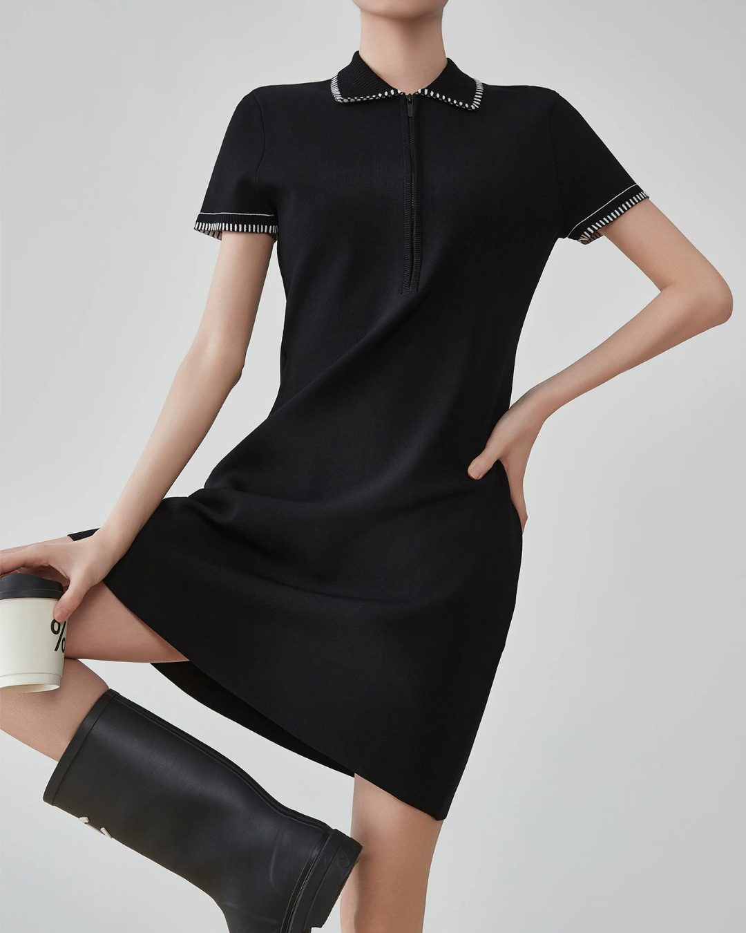 Blanket Stitch Half-Zip Polo Dress FER0201