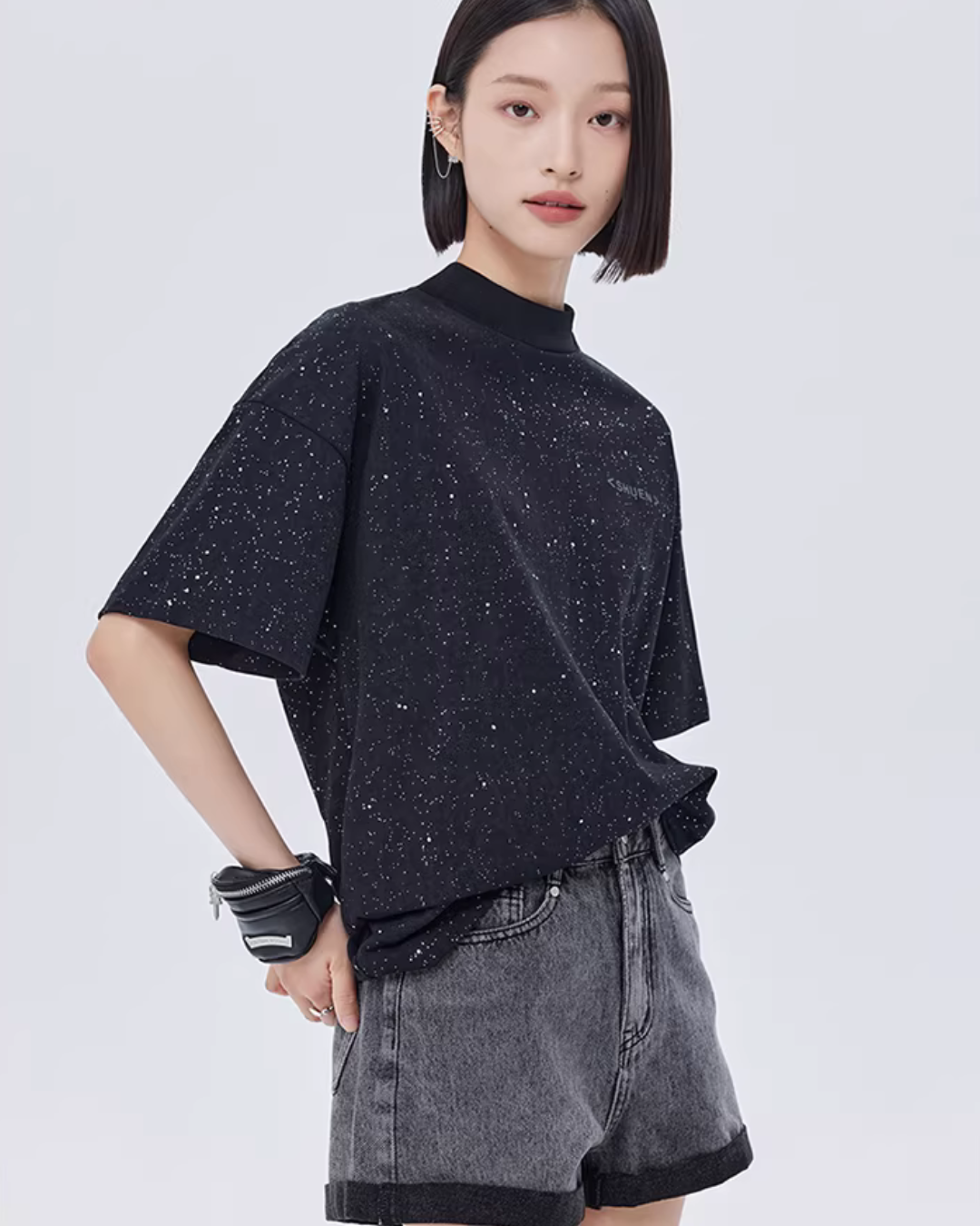 Sequin Mock Neck Short-Sleeve T-Shirt SHN0042