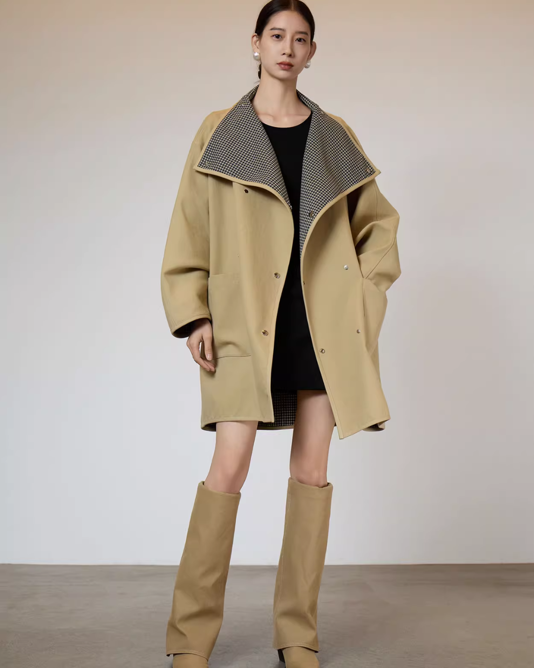 Khaki Plaid Patchwork Trench Coat  SUY0005