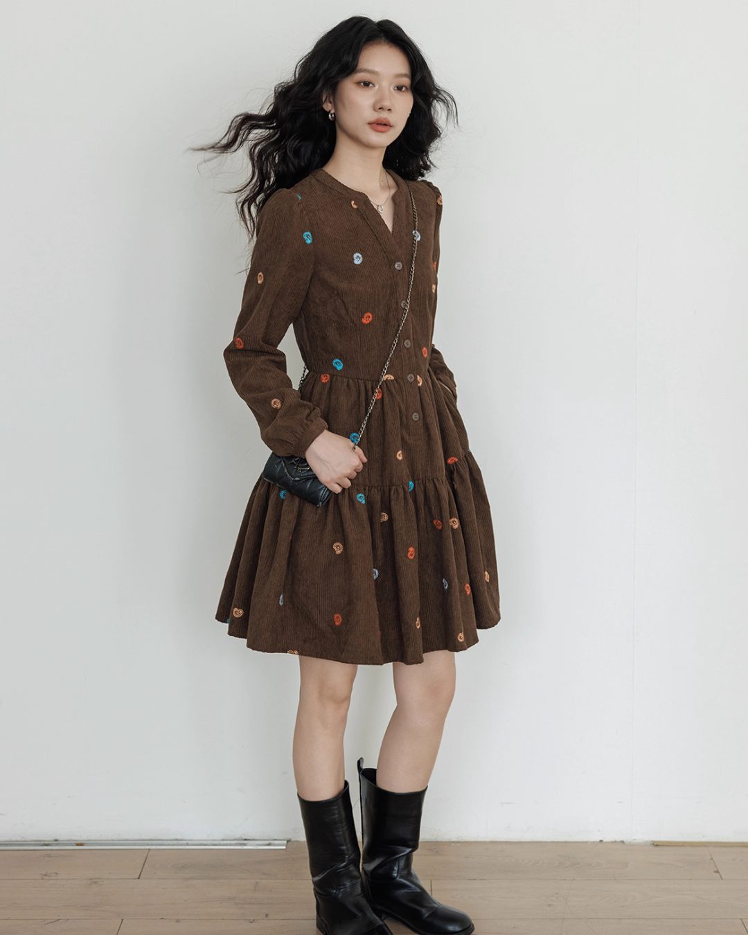 V-Neck Embroidered Shirt Dress VAS0169