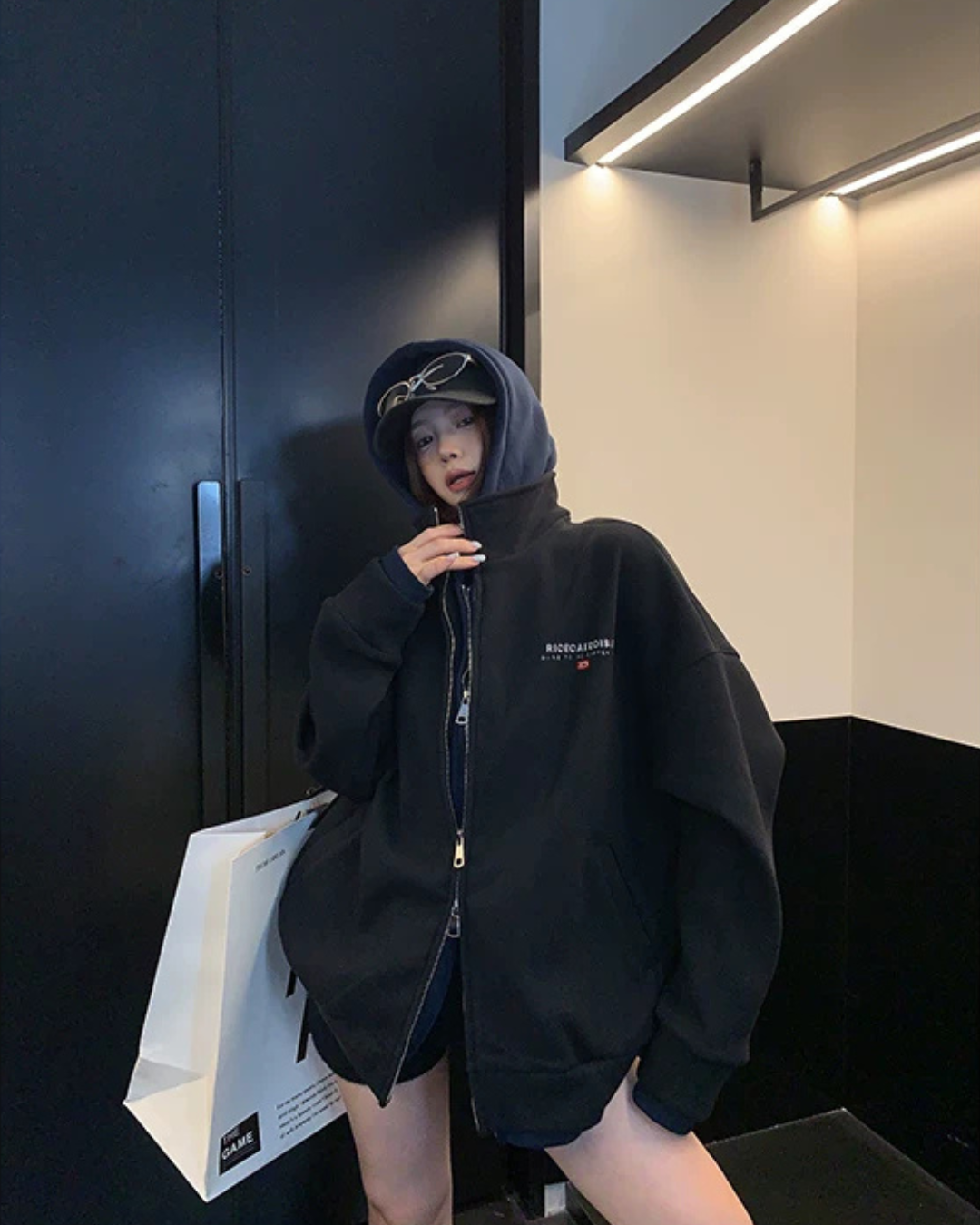 Labeled Button Double Zip Hoodie YLS1076