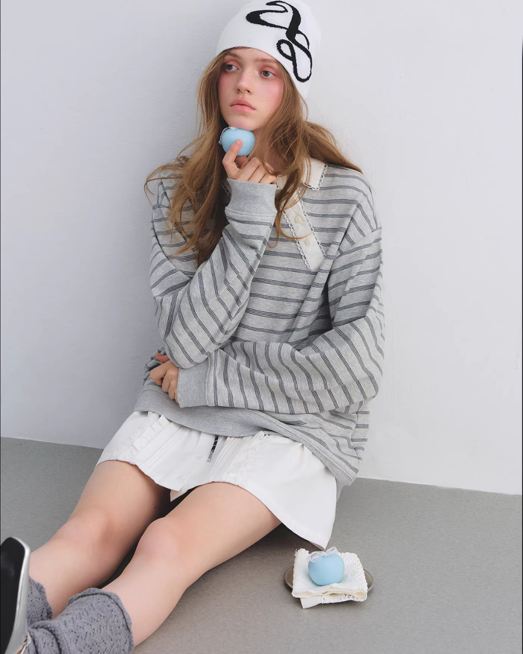 Button Lace Collar Striped Top ASG0085
