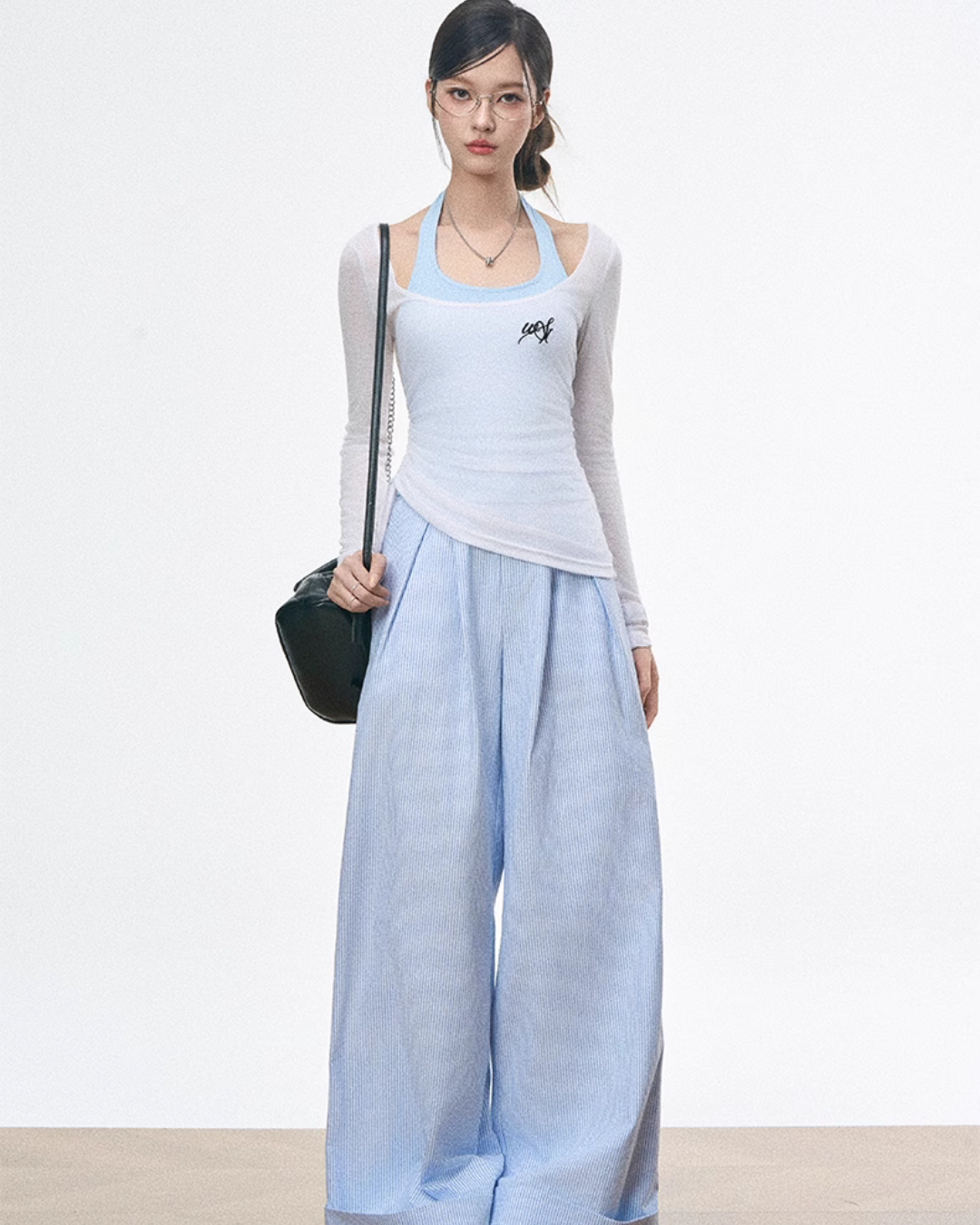 Blue Halter Top / White Tops / Striped Wide Pants WEO0051