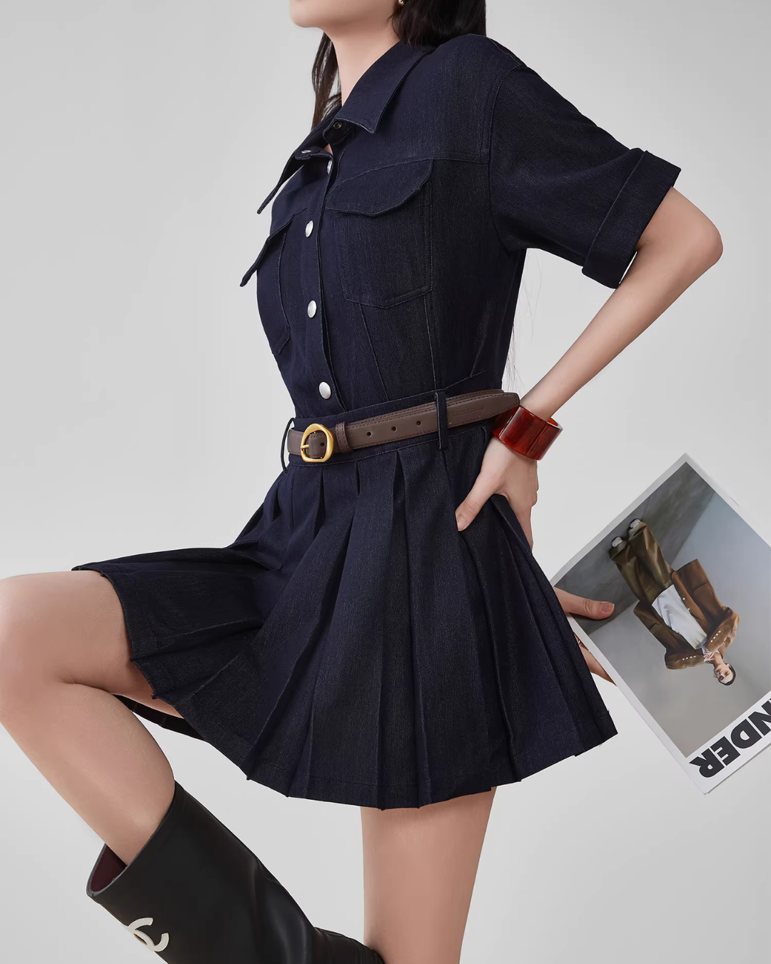 Ruffle Polo Collar Denim Dress FER0105