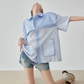Blue Striped Patchwork Short-Sleeve Shirt FER0183