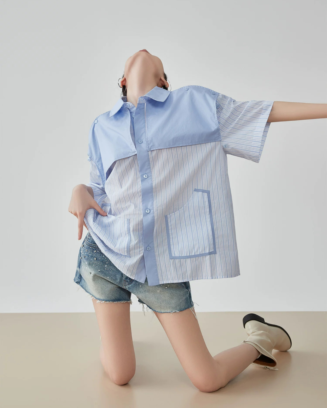 Blue Striped Patchwork Short-Sleeve Shirt FER0183