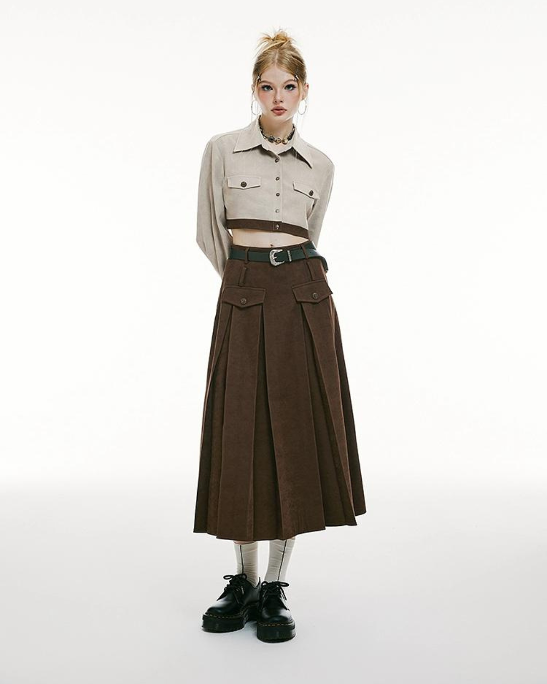 Short High Waisted Shirt＆Pleated Long Skirt IMO0101