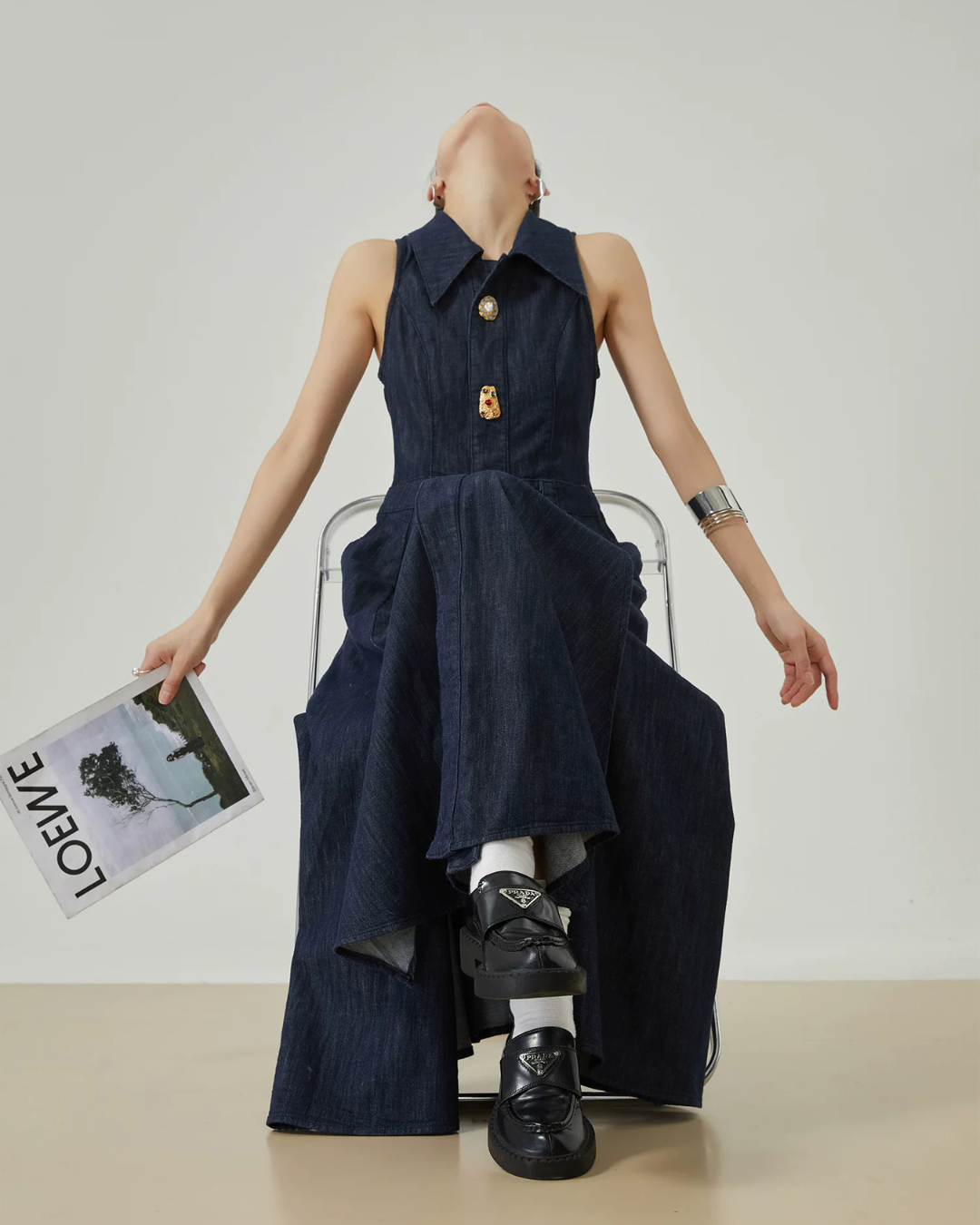 Gold Button Denim Sleeveless Dress FER0132