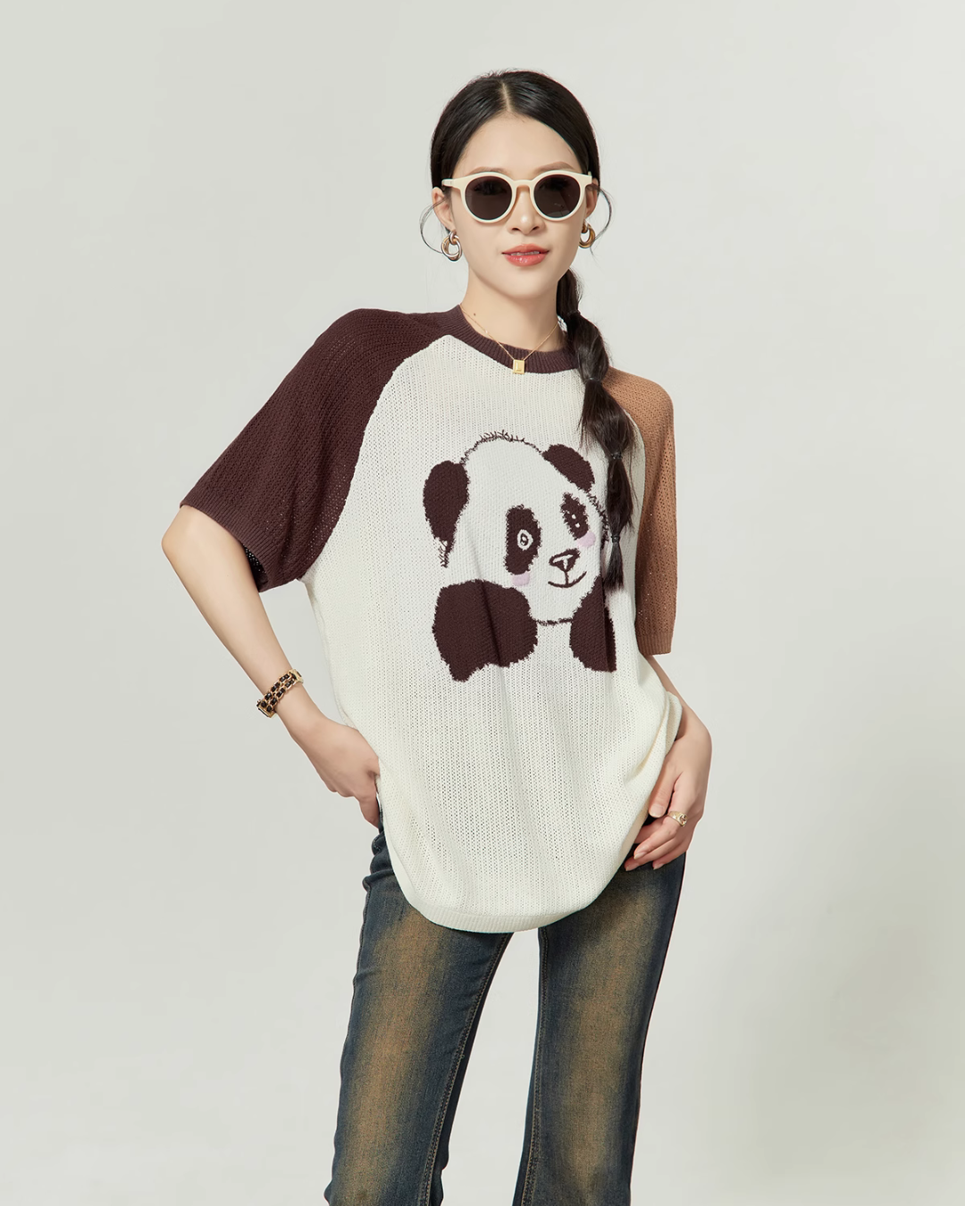 Panda Raglan Summer Knit / Denim Flare Pants LLA0211