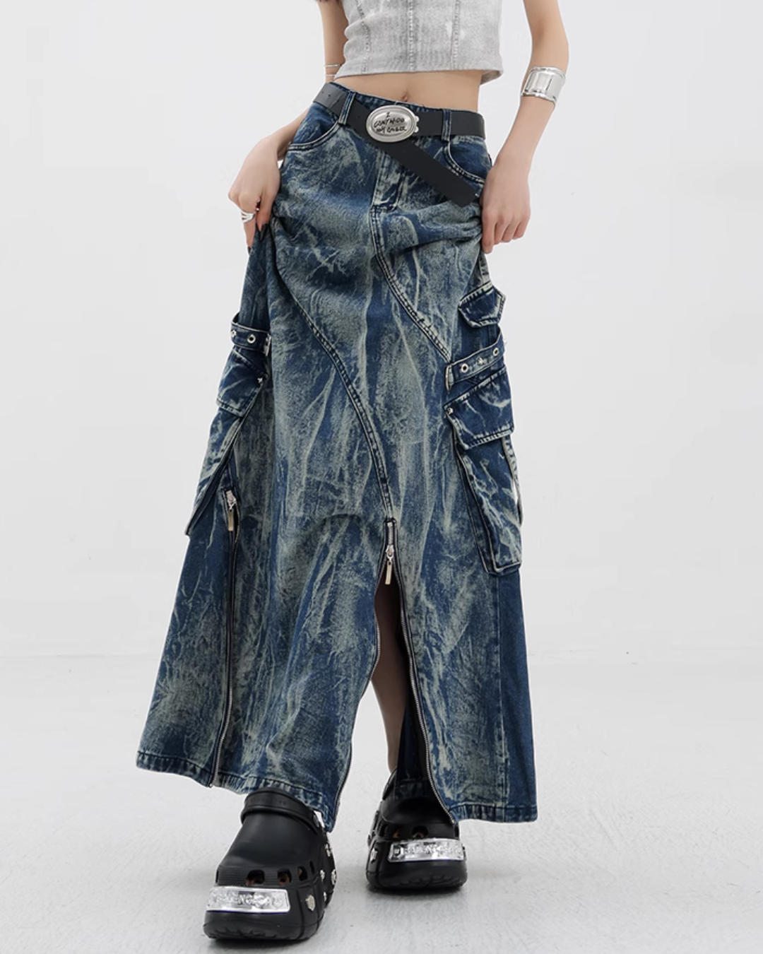 Vintage Wash Design Long Denim Skirt KNH0007