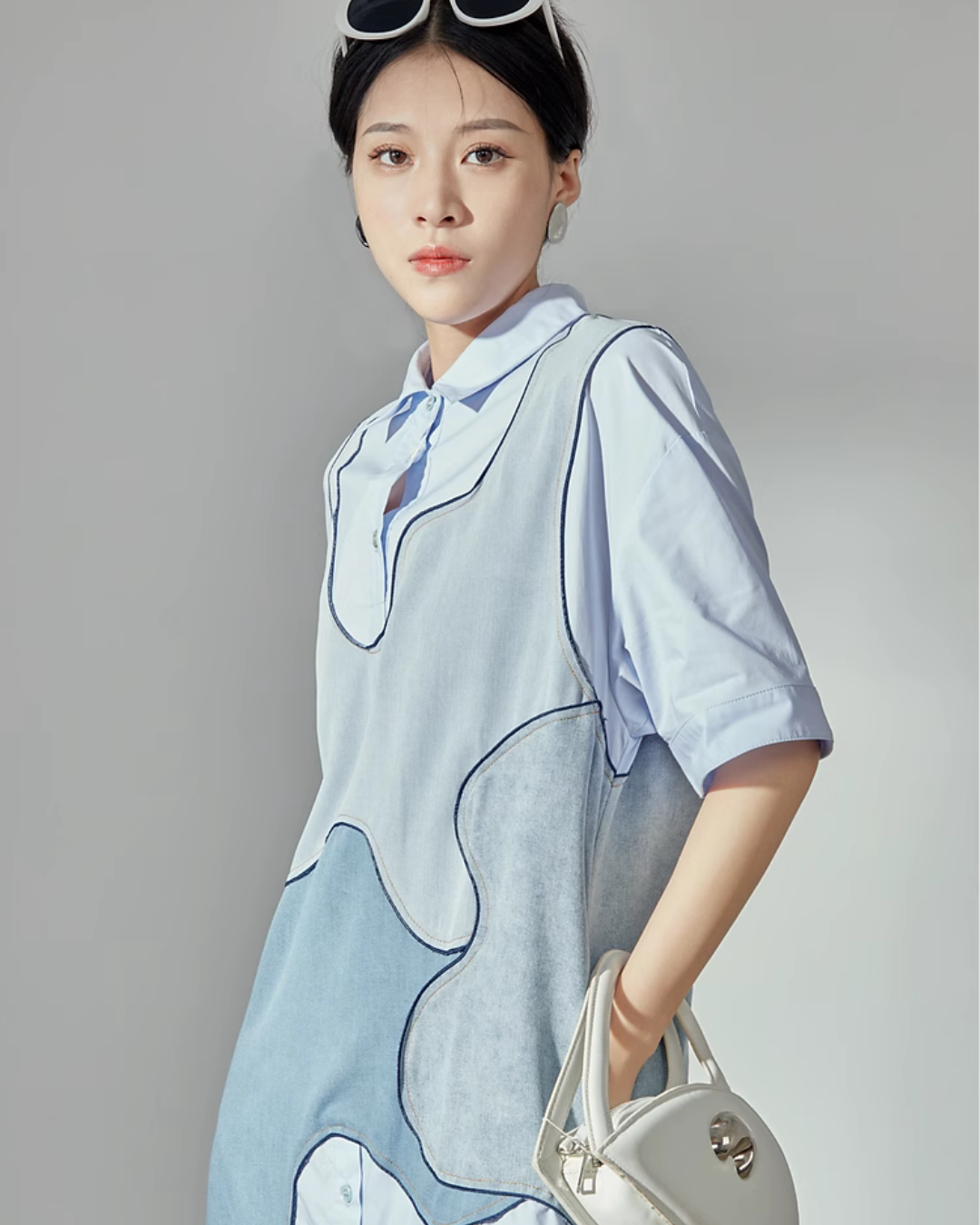 French Blue Patchwork Shirt Dress LLA0114