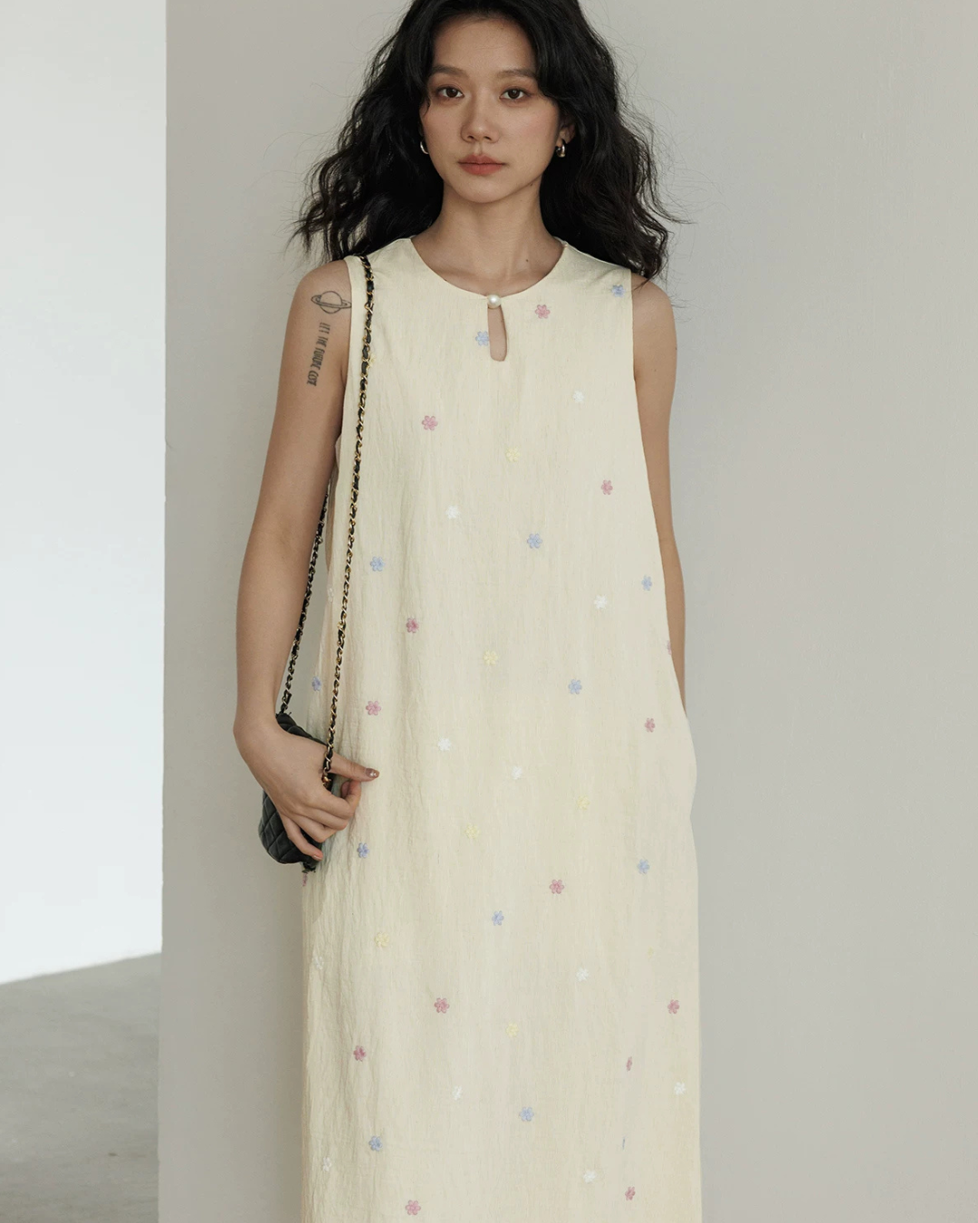 Flower Embroidery Pearl Button Long Dress VAS0203