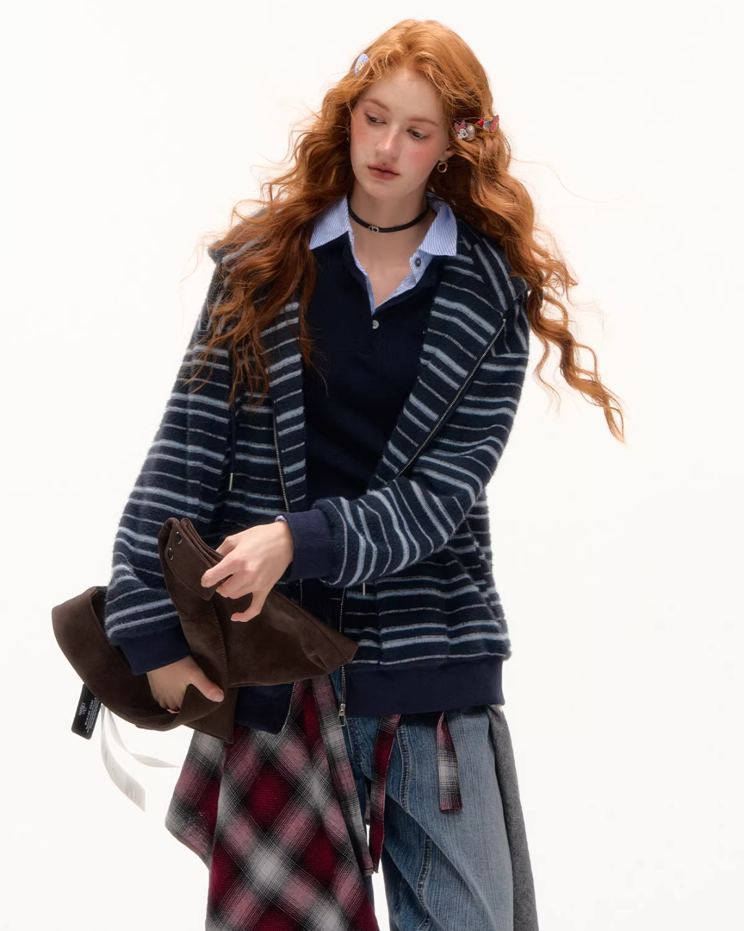 Striped Cat Ear Hoodie / Layered-Style Design Shirt ASG0076