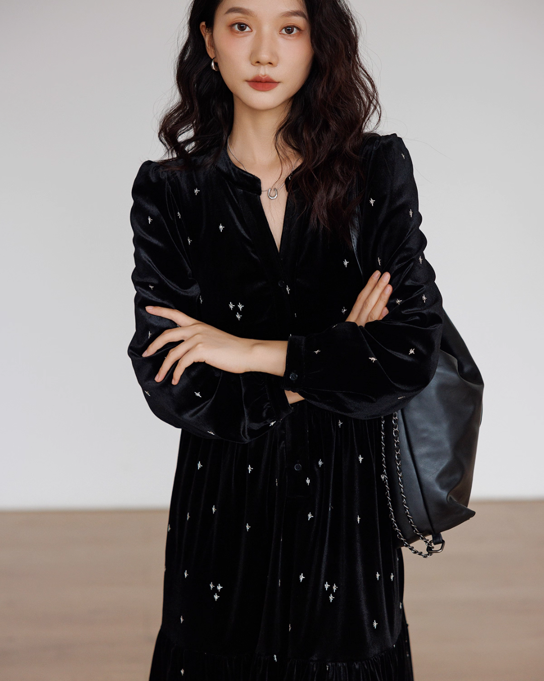 V-Neck Velour Elegant Dress VAS0141