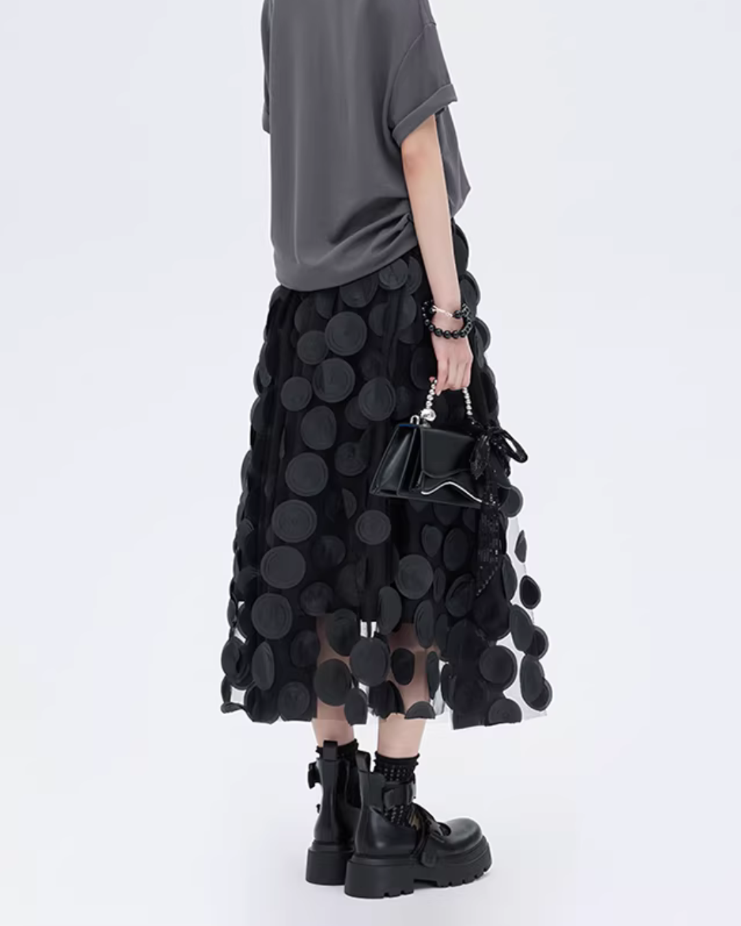 Patch Embroidered Flared Mesh Skirt SHN0003