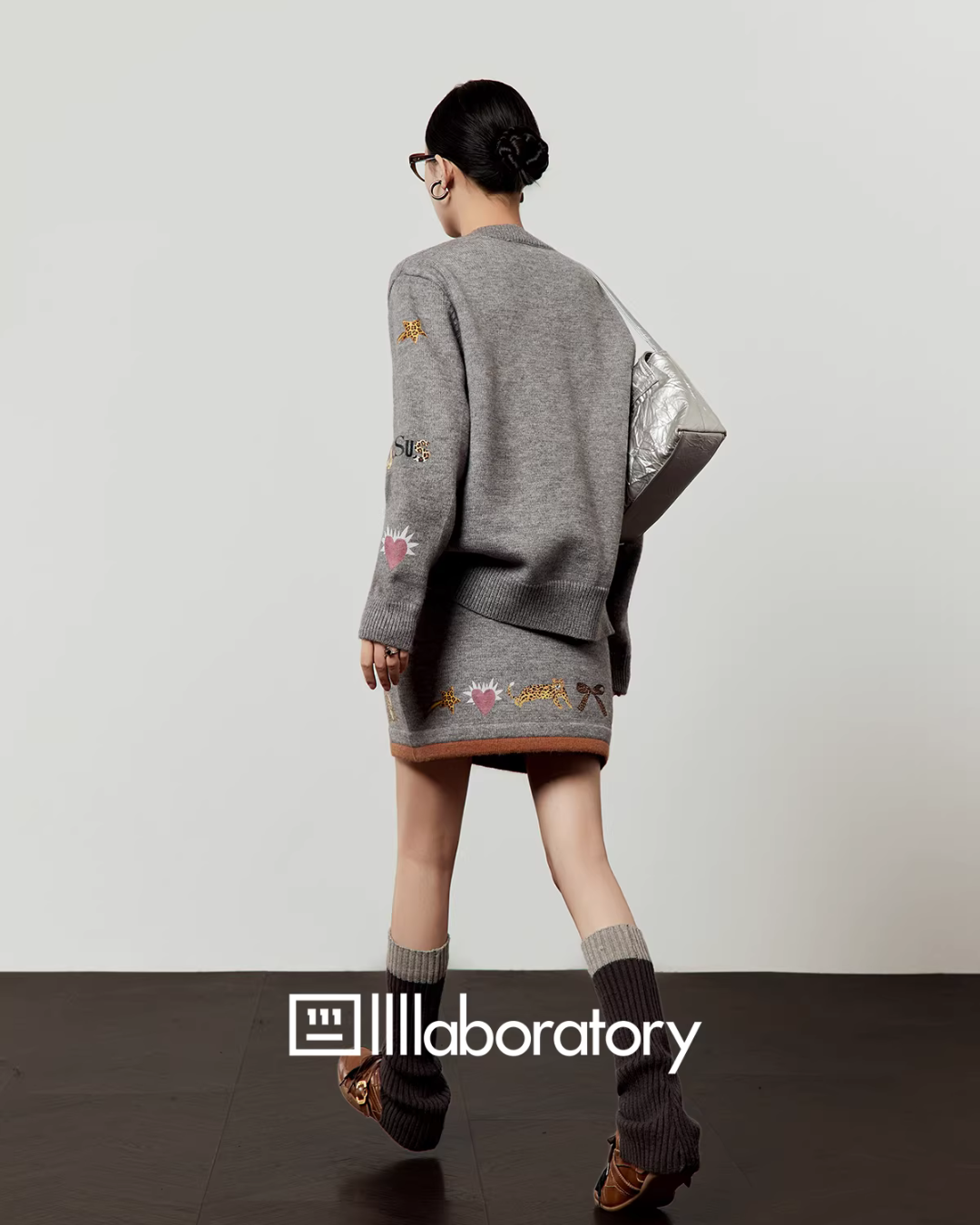 Leopard Print Gray Knit / Knit Mini Skirt LLA0638