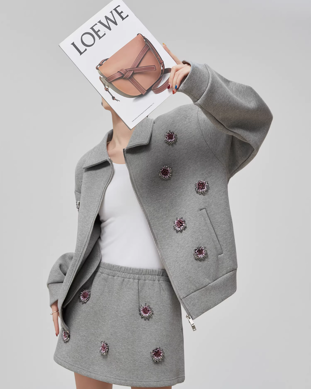 Gray Rhinestone Long-Sleeve Jacket / High-Waist Skirt FER0065