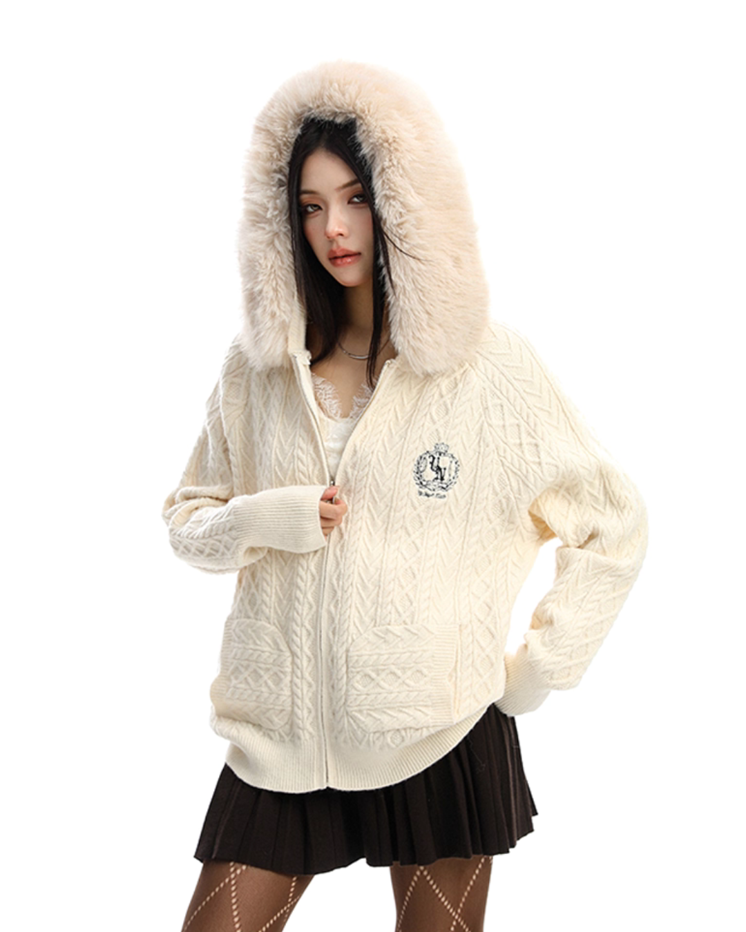 Fur Hood Cable Knit Top BGS0034