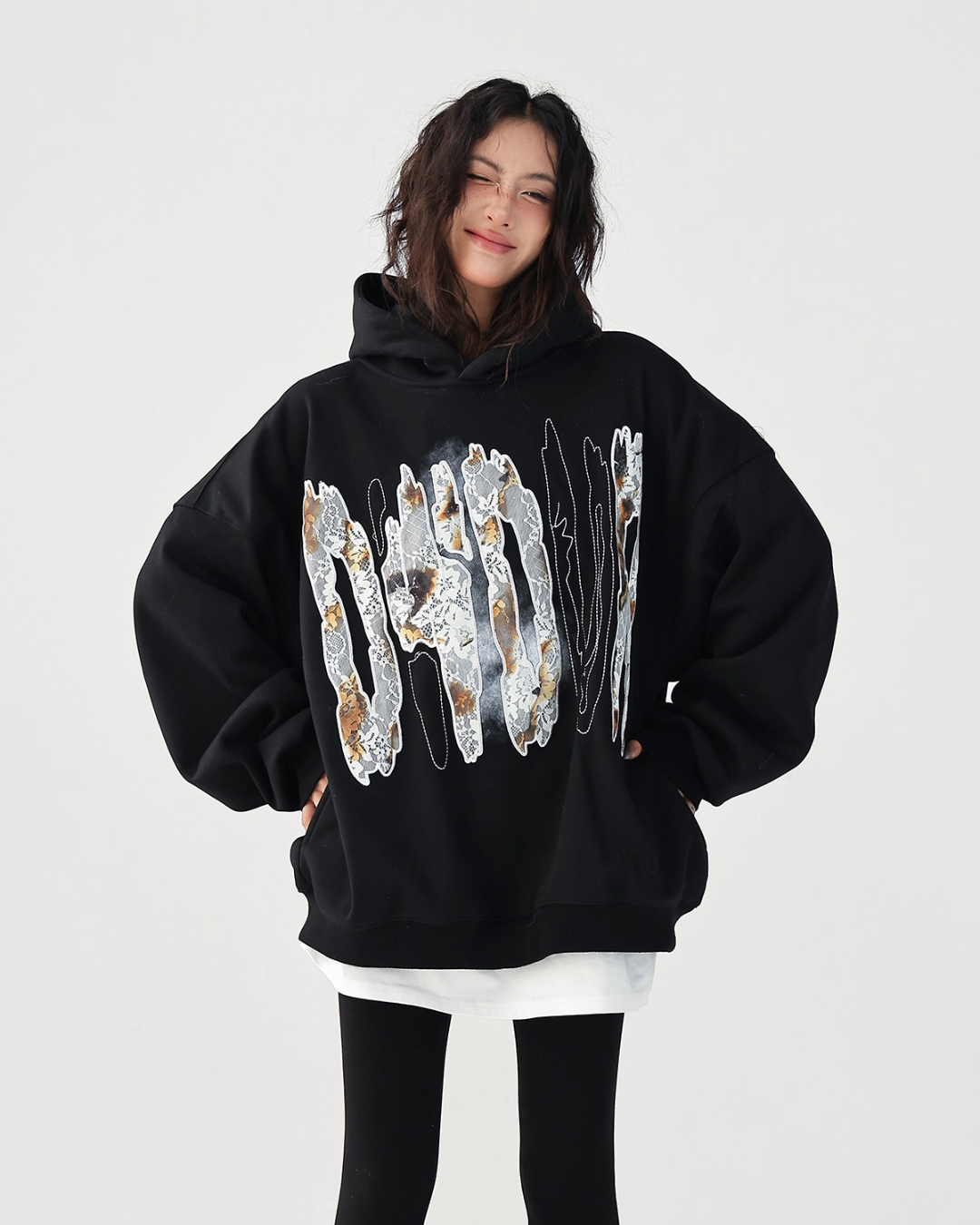 Lace Burnout Embroidered Hoodie ACS0342