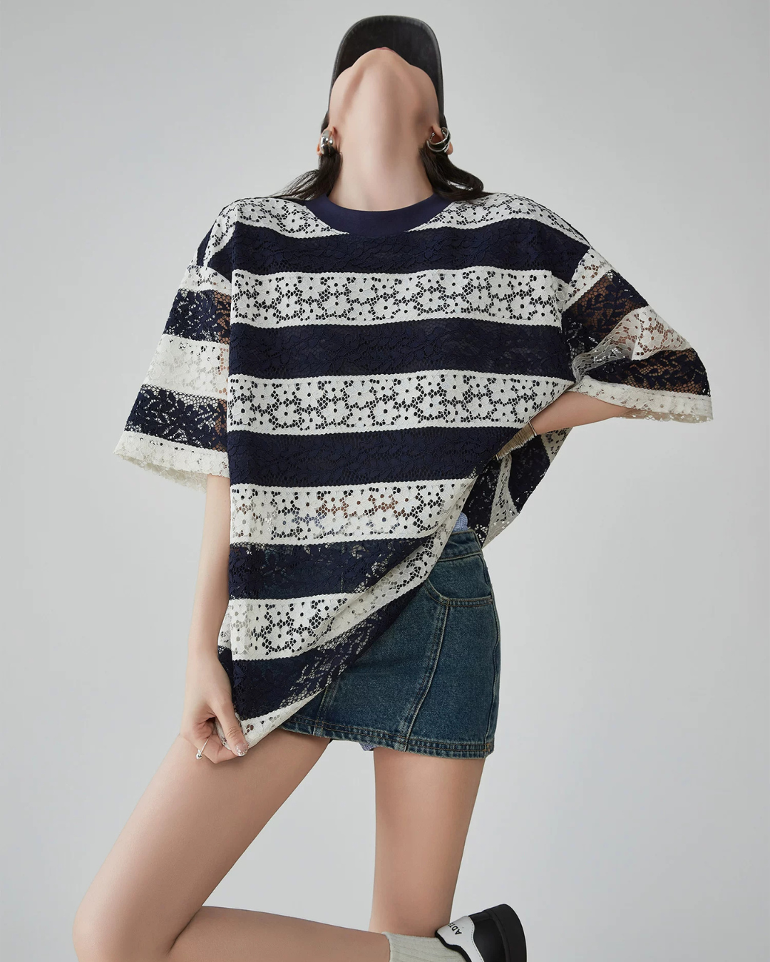 Sheer Lace Border Oversized T-Shirt FER0237