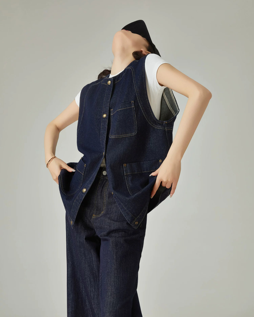 Collarless Denim Vest / Denim Wide Pants FER0144