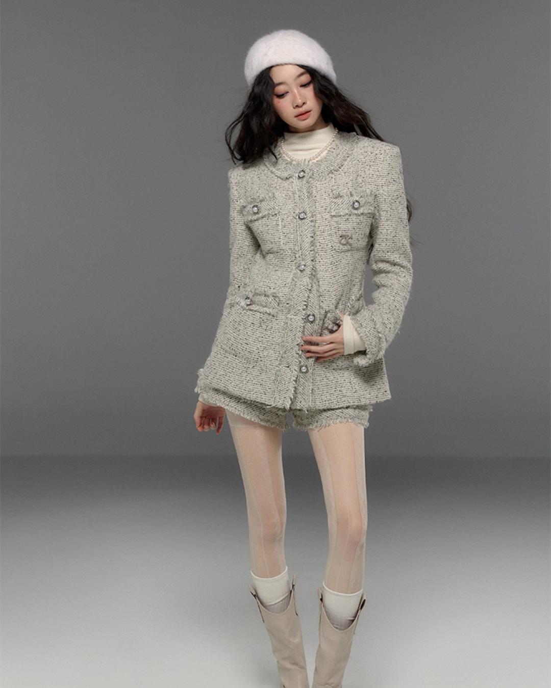 Tweed No-Collar Coat / Shorts / Knee Length Skirt TRK0006