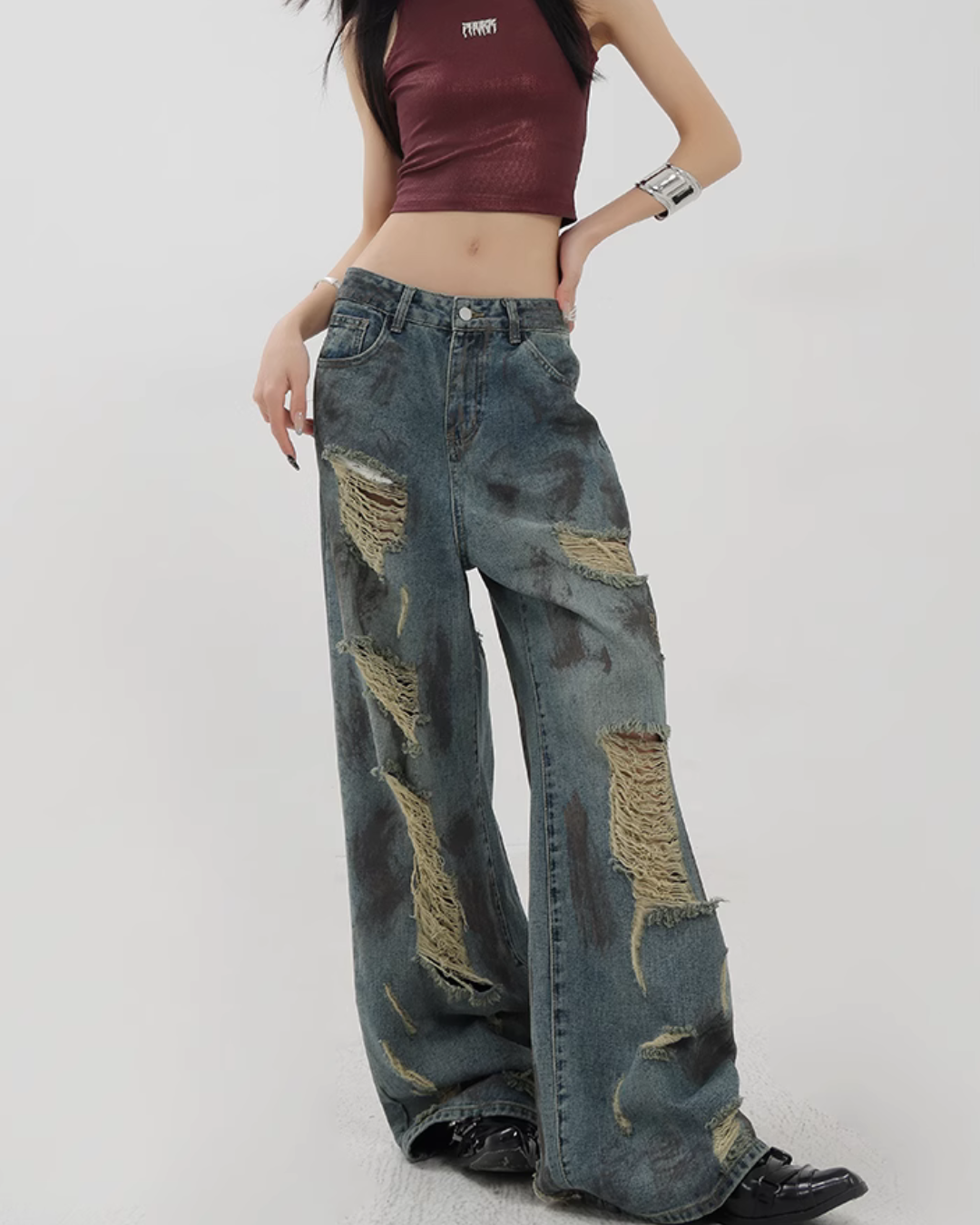 Vintage Damaged Wide Denim Pants KNH0003