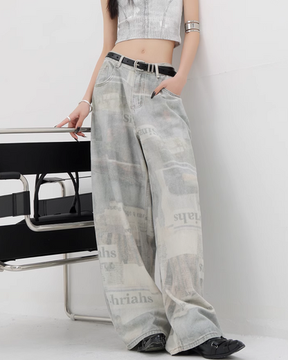 News Paper Print Wide Pants KNH0005